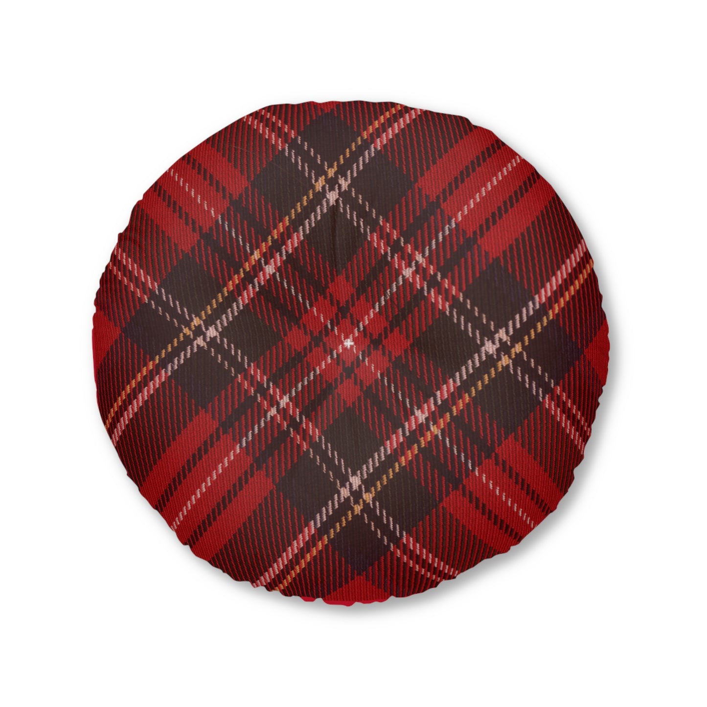 A Printify Plaid Tufted Floor-Pillow with a red and black plaid pattern, perfect for adding comfort and style to any room.
