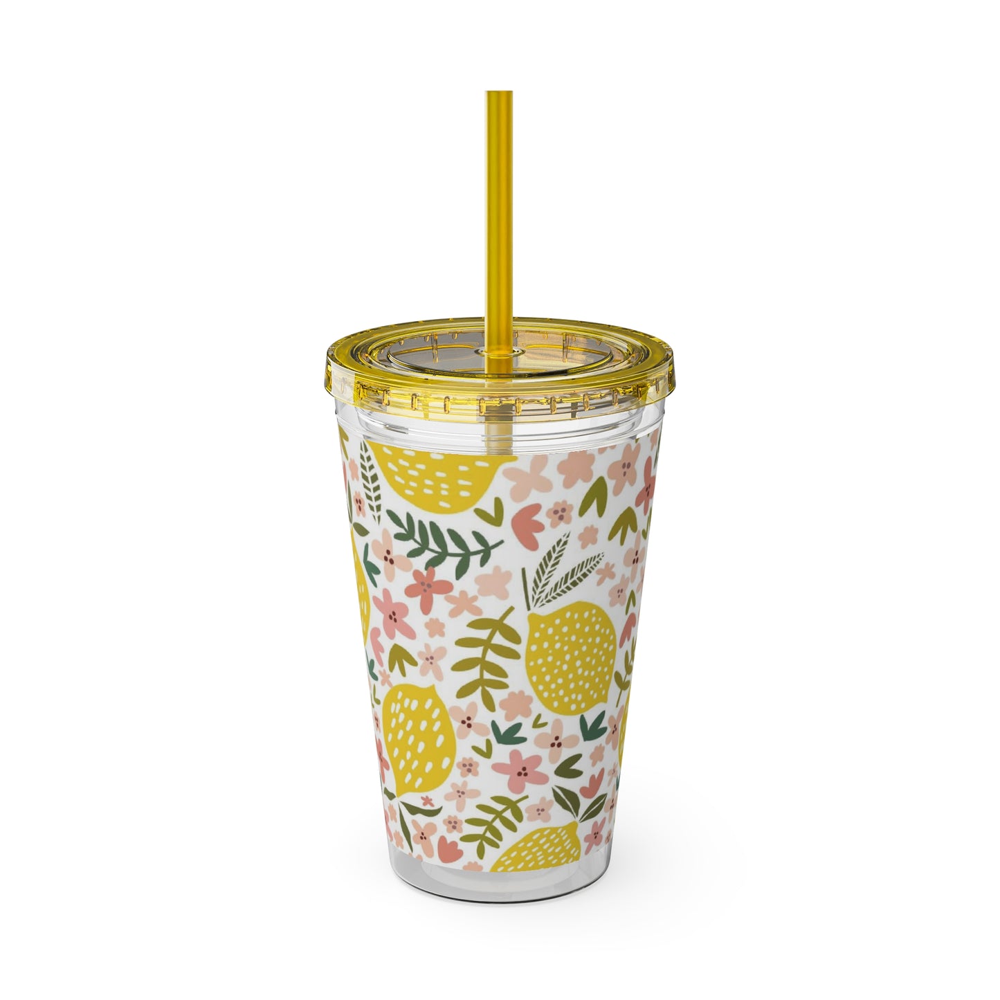 A Pink Lemons tumbler with a yellow straw and floral pattern from Printify.