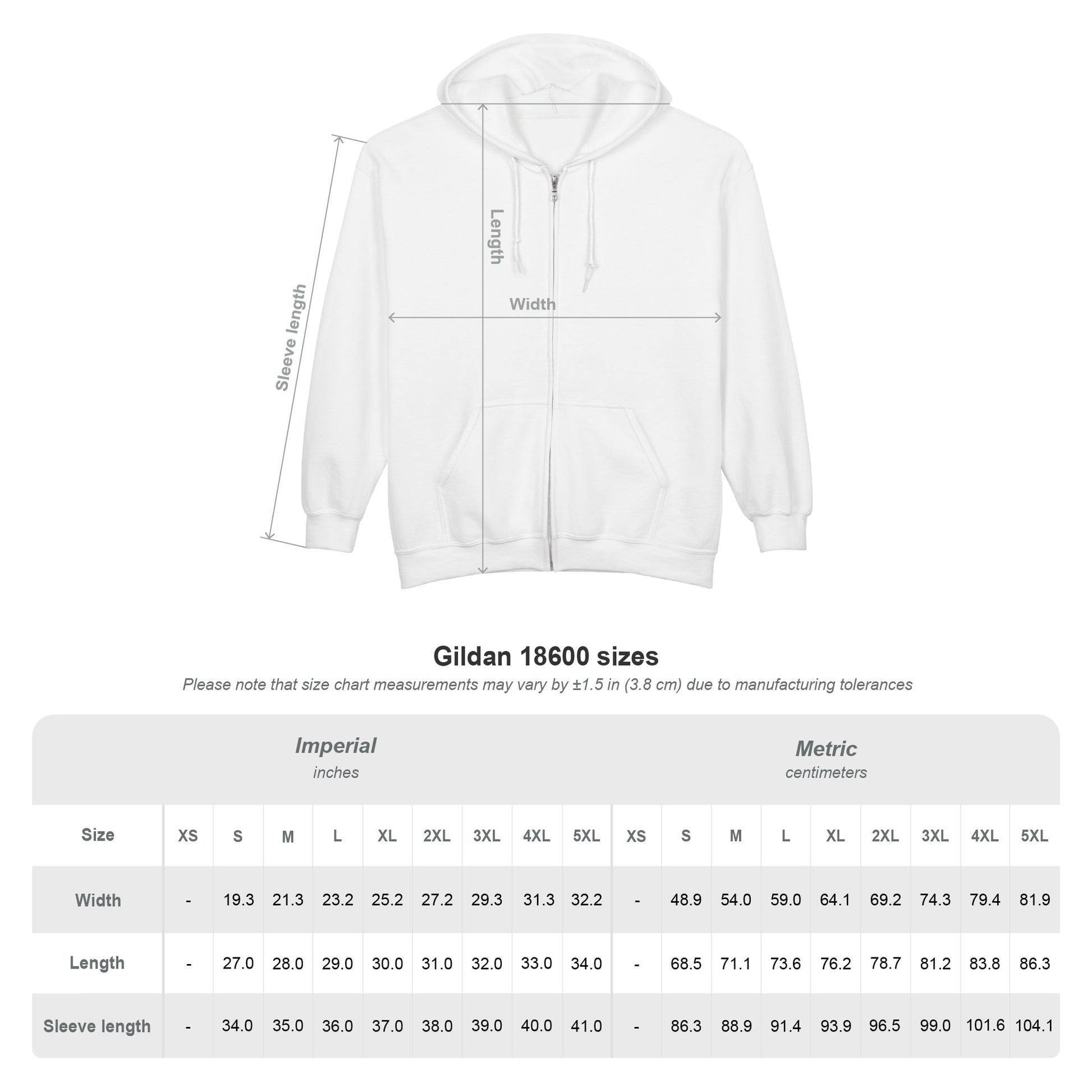 Printify’s Galaxy Night-Sky Zip Hoodie (Unisex, Back Print, Cozy) size chart displays XS to 5XL width, length, and sleeve length with measurement points in both inches and centimeters.