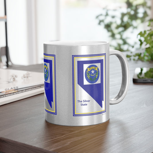 A sleek, ceramic Silver Metallic Mug by Printify, holding 11 oz., showcases a blue design with Nevada's state emblem and is labeled "Nevada Celebration." Gracefully resting on a wooden table, it's the perfect gift for those who admire the blend of traditional and modern design elements inherent to Nevada.