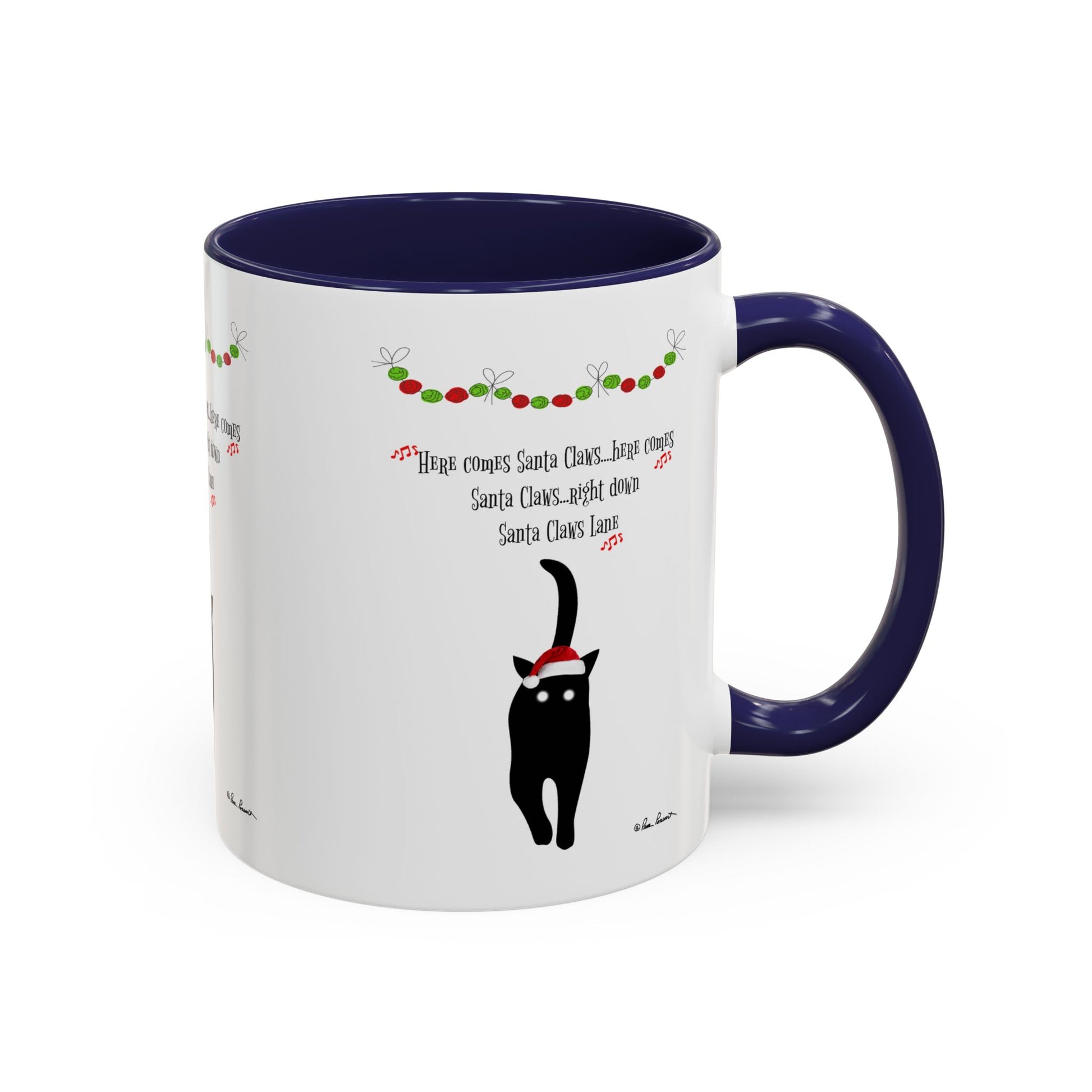 The Festive-Cat Accent Coffee Mug by Printify features a black cat in a Santa hat with garland and "Here Comes Santa Claus" lyrics—a perfect holiday gift for cat lovers or addition to any festive mug collection.