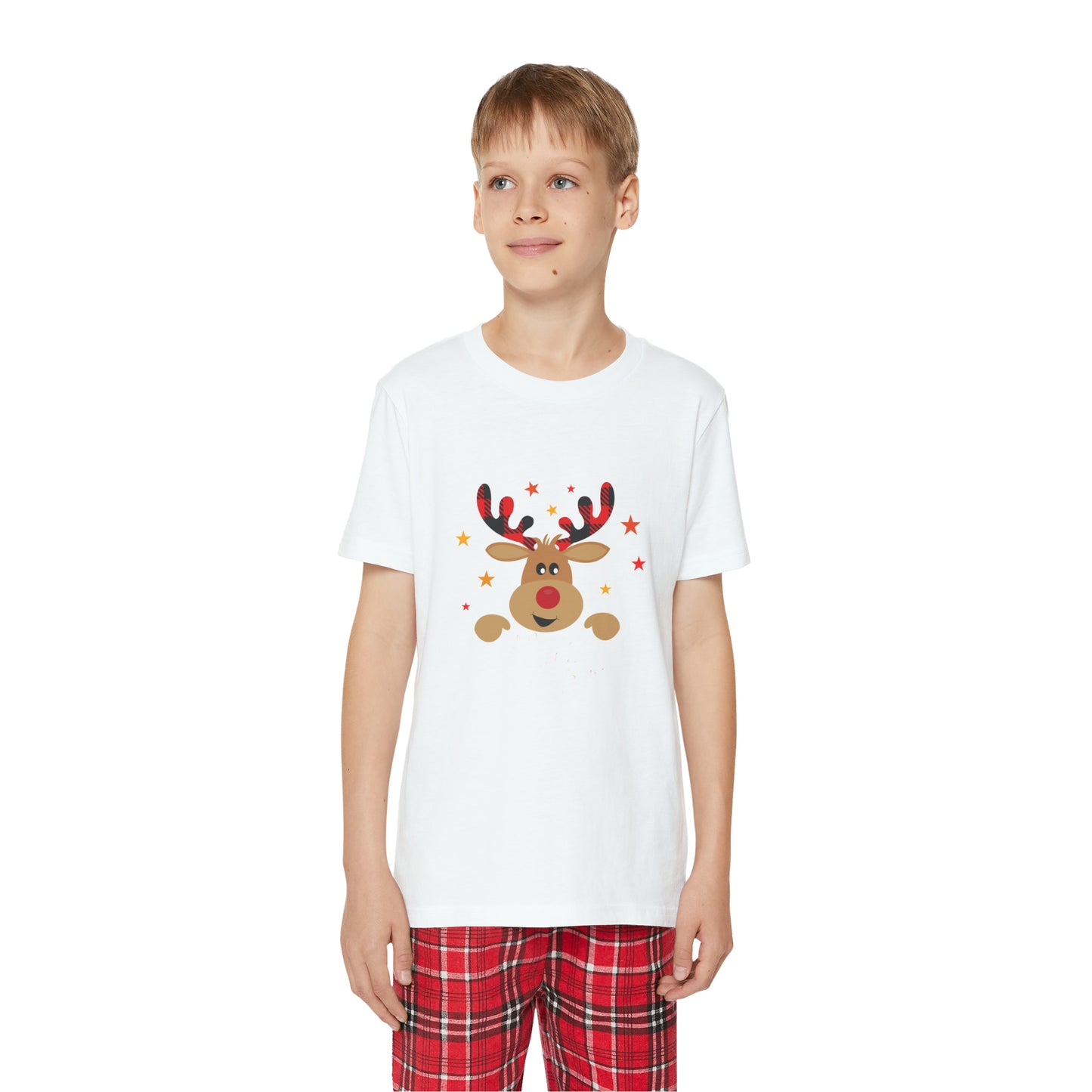 A boy wearing a Kids Holiday Pajama Set by Printify, made of 100% cotton.