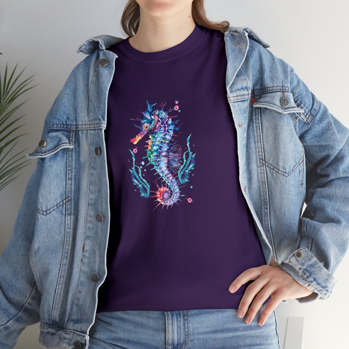 Mock up of Woman wearing the Purple shirt under a denim jacket