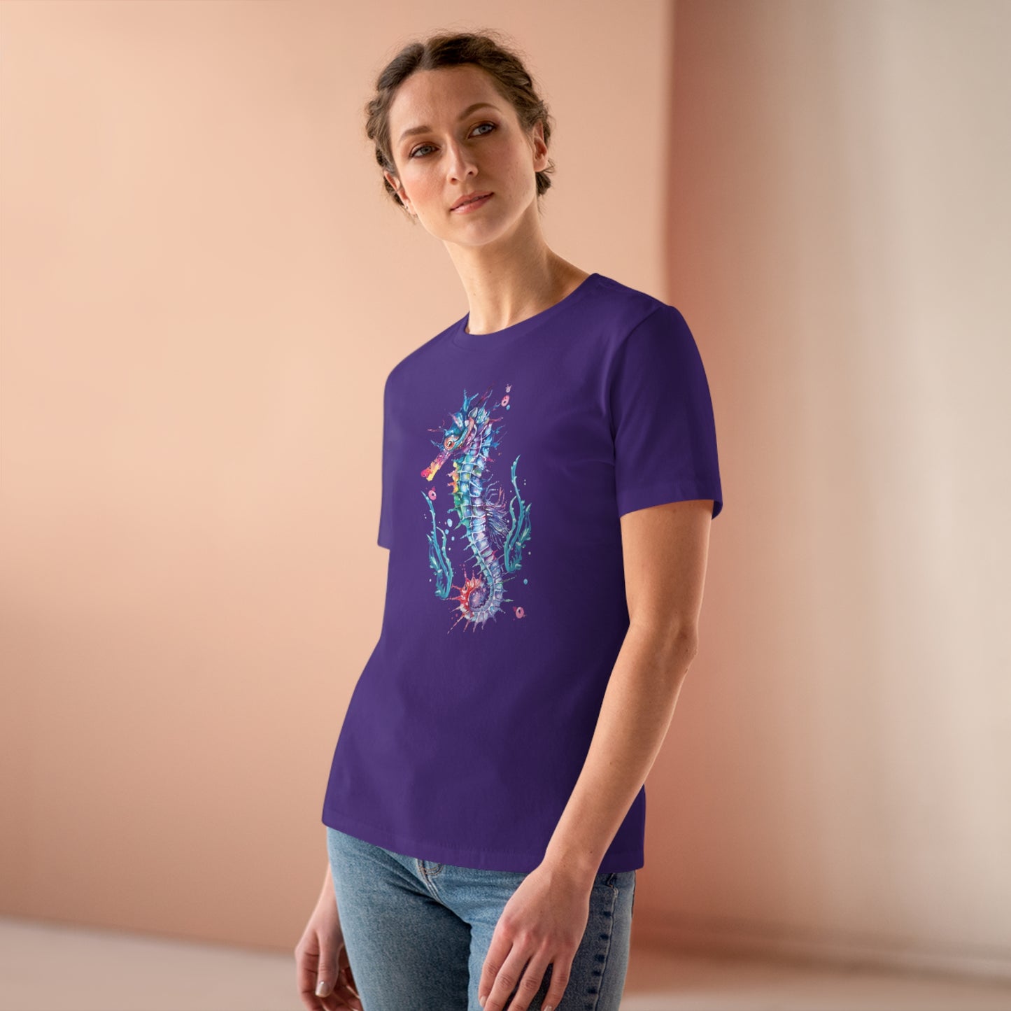 Mock up of a woman wearing the Purple shirt