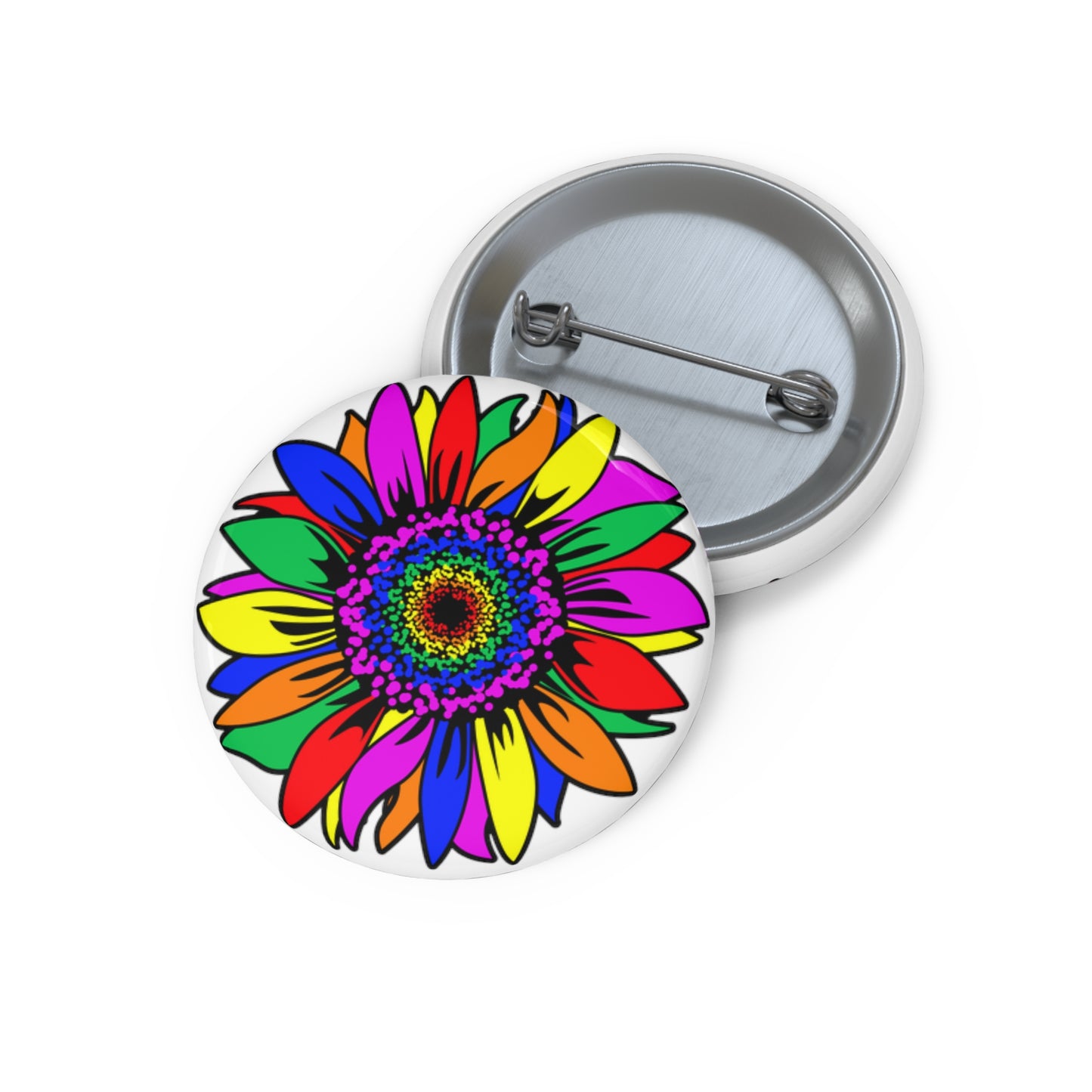 Rainbow Sunflower Buttons: 3 sizes; Pin-back; Metal; Peace