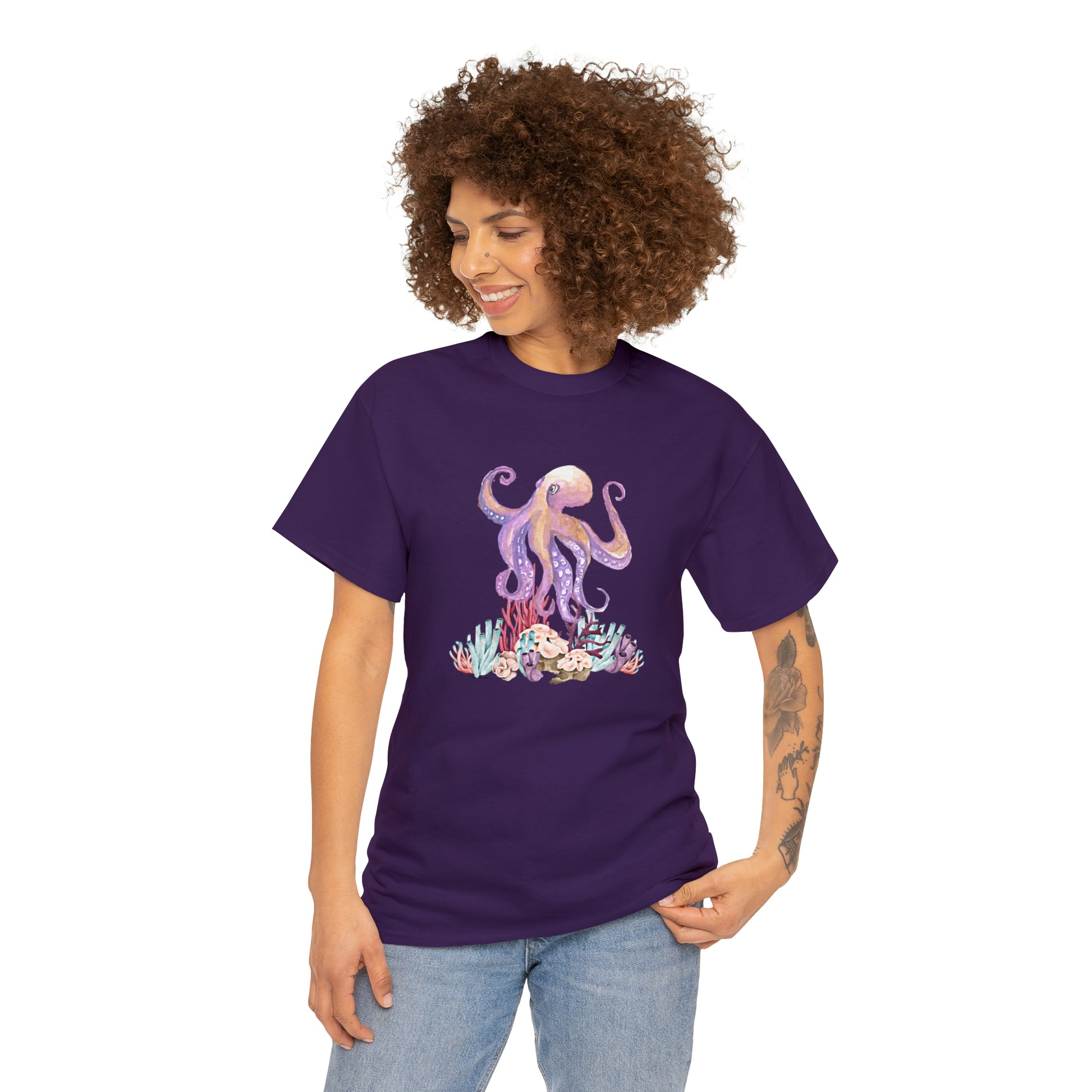 Mock up of a dark-haired woman wearing the Purple shirt