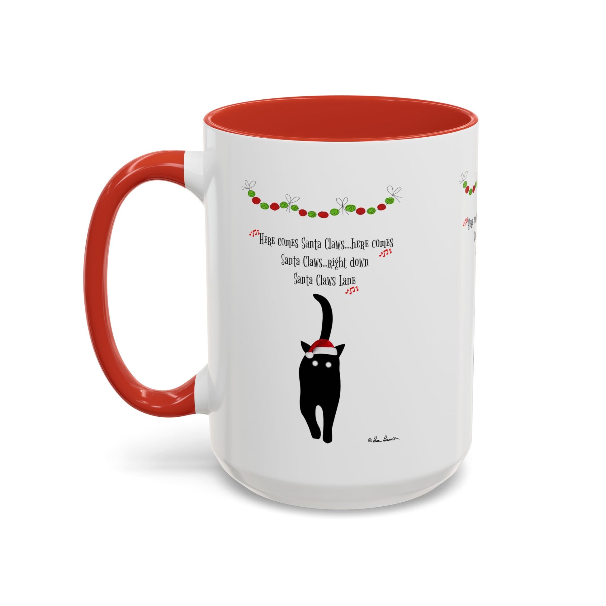 The Festive-Cat Accent Coffee Mug by Printify features a black cat in a Santa hat under garland, with a red handle and interior—an ideal holiday gift and coffee mug for cat-lovers.