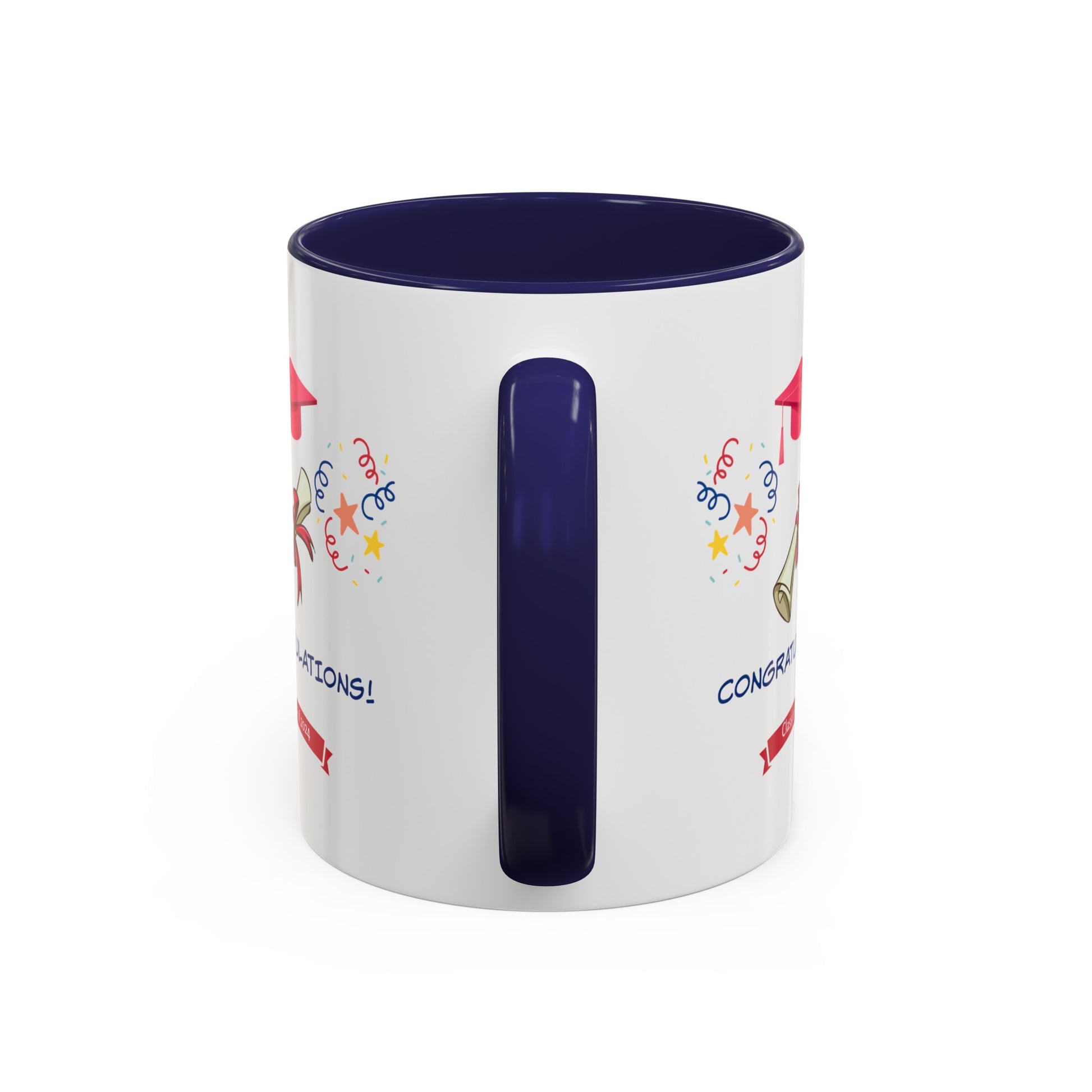 A white American made 2024 Congratulations Mug: Graduation; 11 oz.; 2 Colors from Printify with a dark blue interior and handle features colorful drawings, including a graduation cap, diploma, and the words "2024 Congratulations!" in red and blue on both sides.