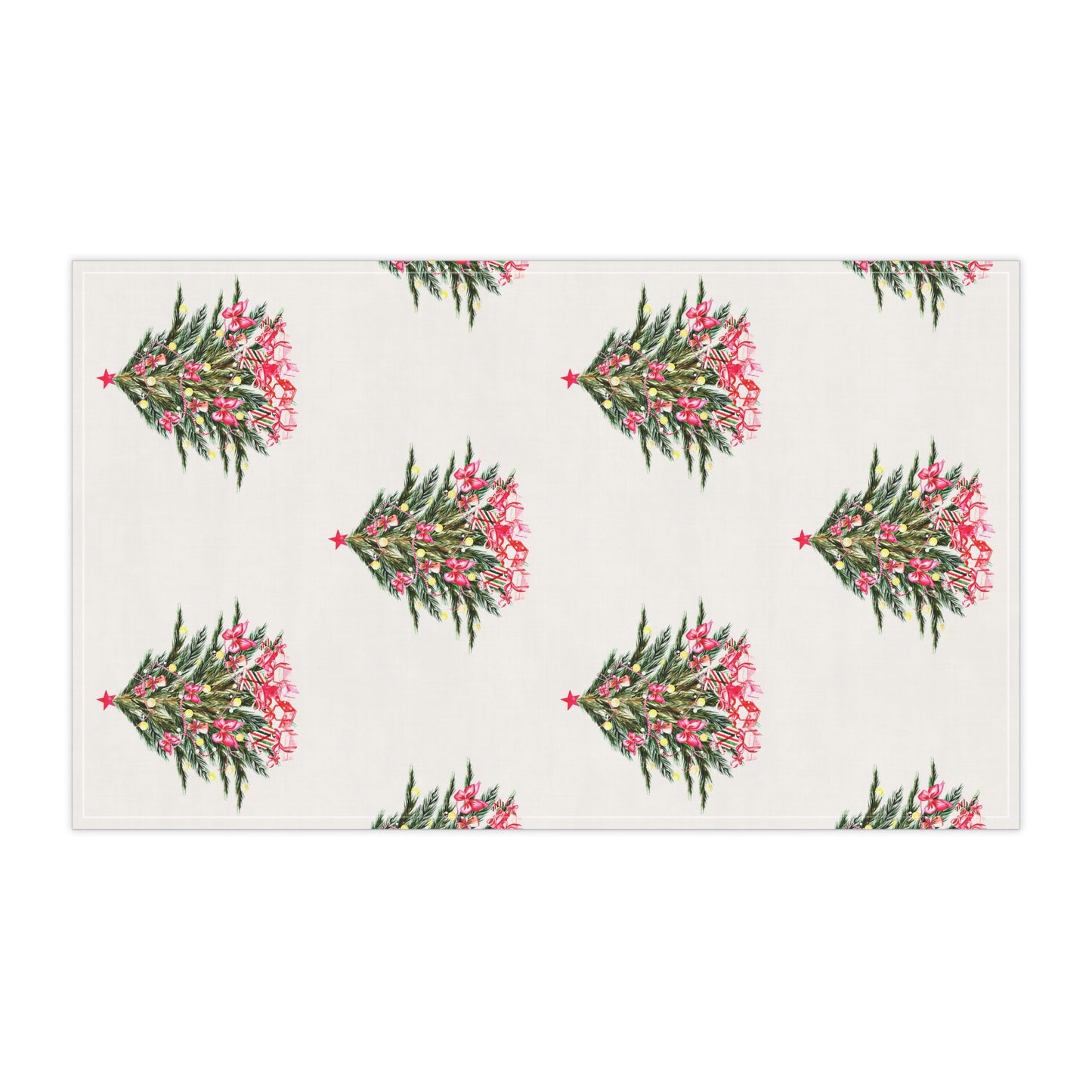 The Christmas-Tree Kitchen Towels from Printify, measuring 18" x 30", showcase a crisp white background adorned with stylized trees and vibrant red stars, making them perfect for enhancing your holiday décor with festive cheer.