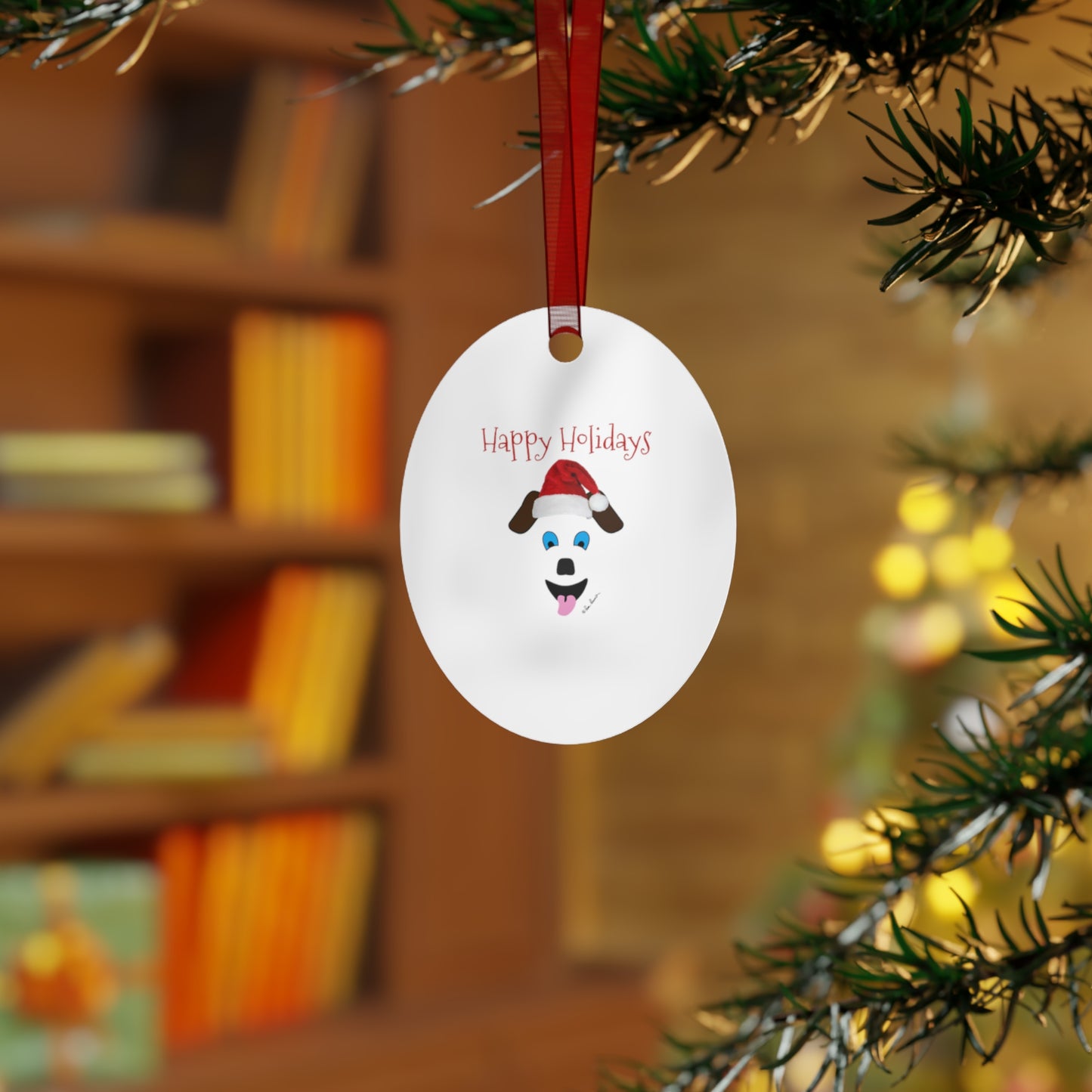 Santa Dog Ornament: 3 shapes; Metal; Red hanging ribbon