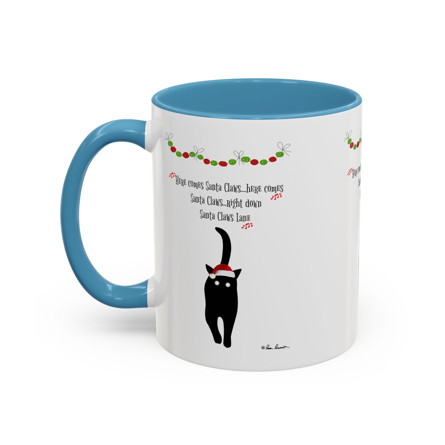 The Festive-Cat Accent Coffee Mug by Printify is a holiday gift for cat-lovers, featuring a black cat in a Santa hat, festive garland, and the phrase "Here comes Santa Claus, right down Santa Claus Lane" on a white mug with blue handle and interior.