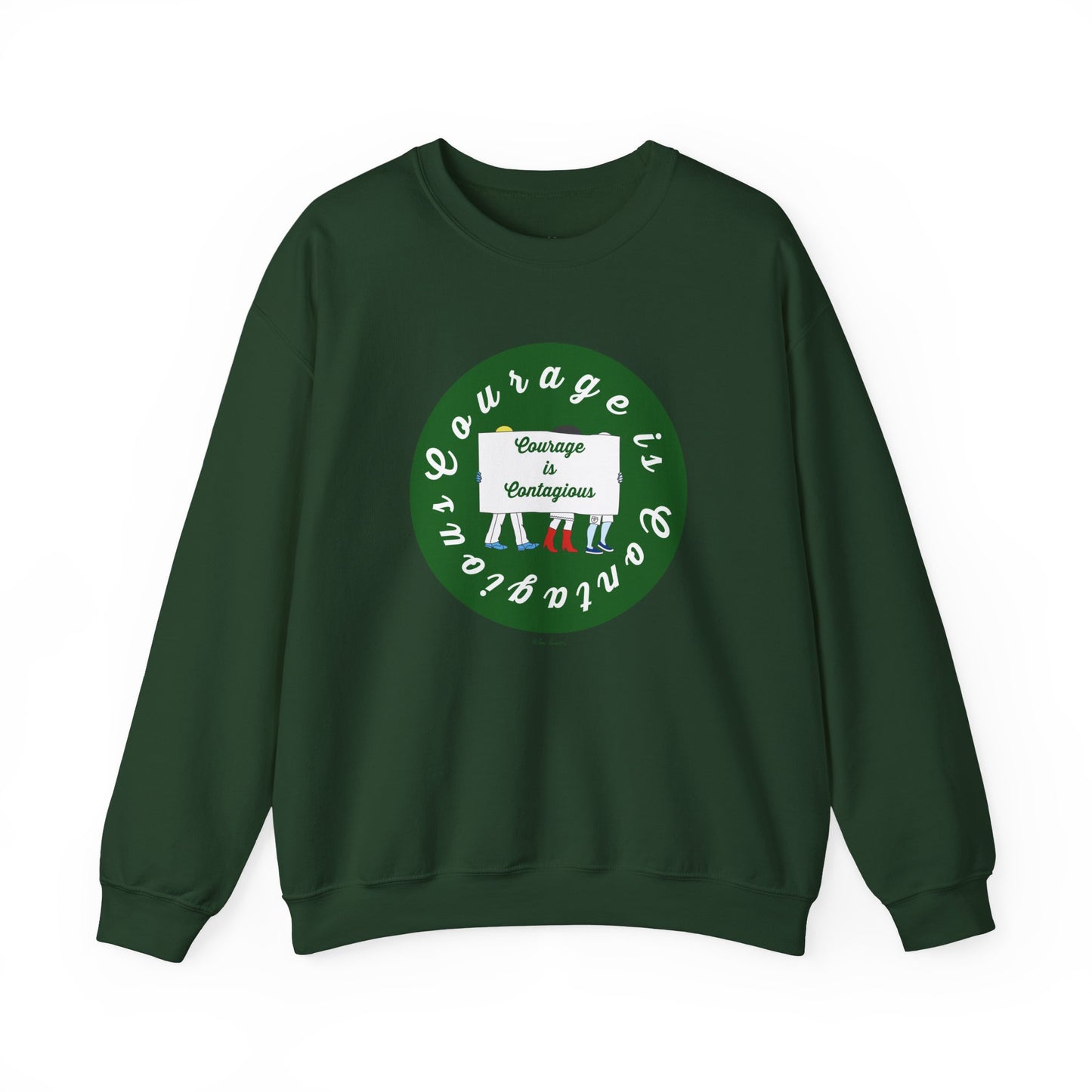 The Printify Unisex Crewneck Sweatshirt: Courage is Contagious | Protest features a dark green color, circular “Courage is contagious” design, and three colorful boot pairs—an inspiring choice for anyone.