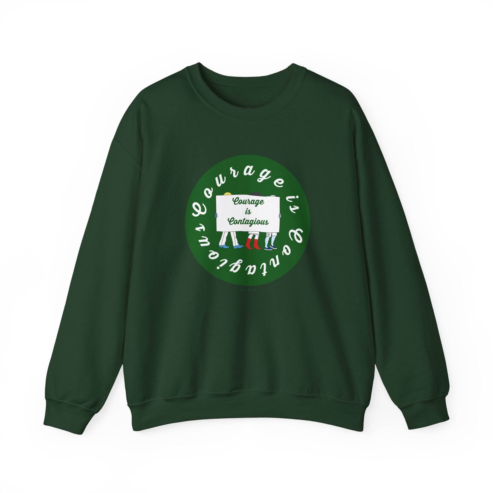 The Printify Unisex Crewneck Sweatshirt: Courage is Contagious | Protest features a dark green color, circular “Courage is contagious” design, and three colorful boot pairs—an inspiring choice for anyone.