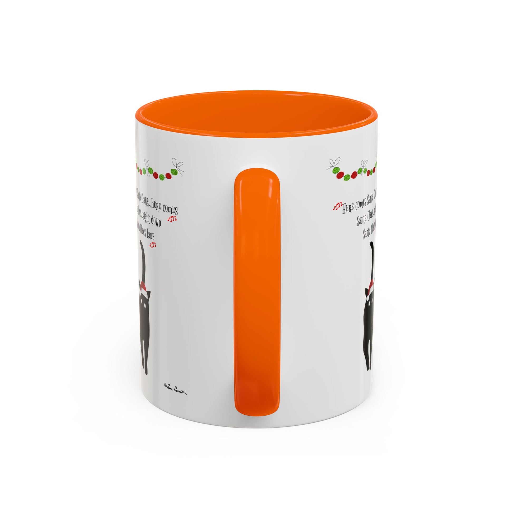 The Printify Festive-Cat Accent Coffee Mug features festive cat designs with an orange handle and interior—a charming holiday gift for cat lovers and a delightful mug for enjoying your seasonal drinks.