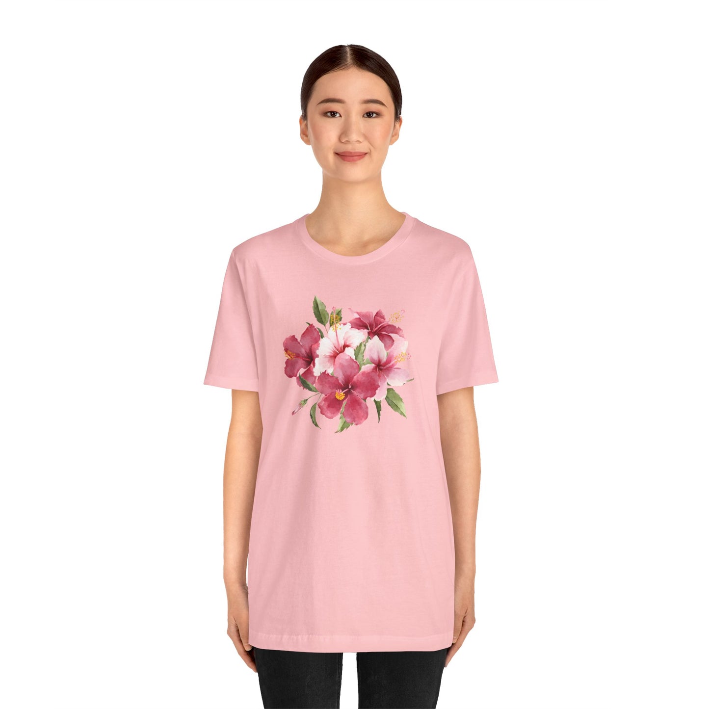Petite woman wearing the pink t-shirt