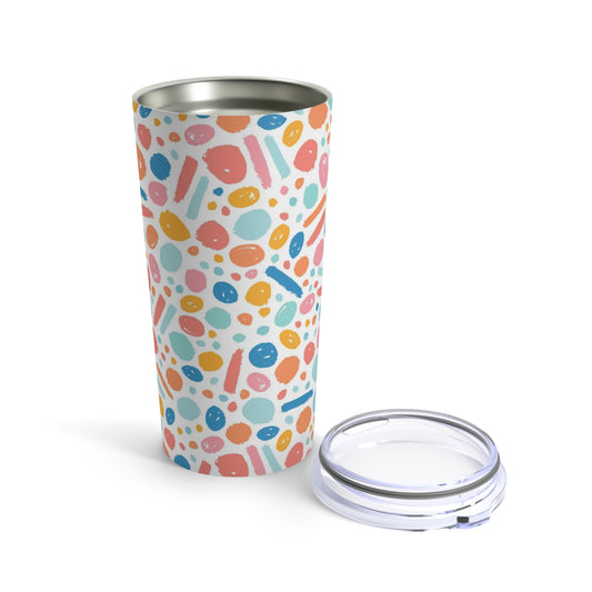 Replace with: A colorful Printify Abstract Dots Tumbler with a lid.