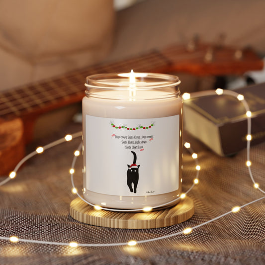 The Festive-Cat Scented Soy Candle by Printify, a 9oz eco-friendly holiday decor piece in a glass jar with a black cat label, adds warmth and charm to any space—perfect for cozy surroundings with string lights or music.
