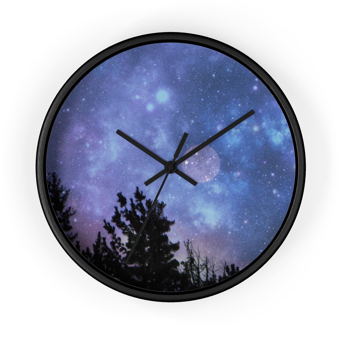 An American made Blue-Moon Wall Clock by Printify featuring a design of a night sky and silhouetted trees on its face.