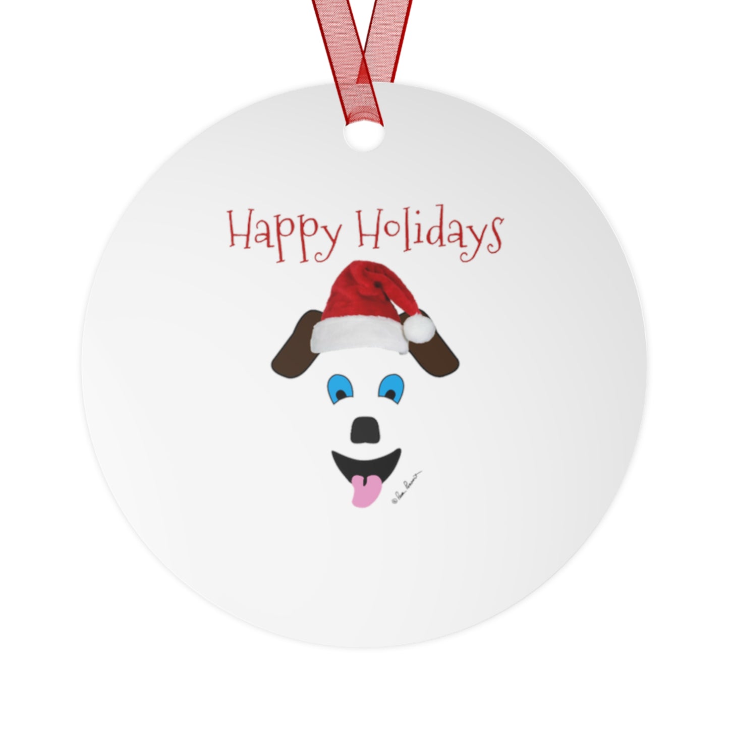 Santa Dog Ornament: 3 shapes; Metal; Red hanging ribbon