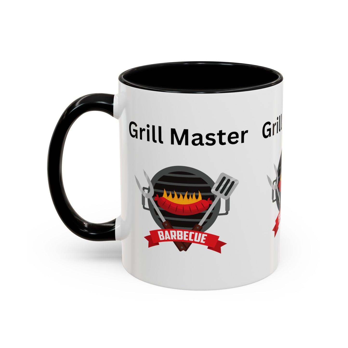 White coffee mug with a black handle featuring a vibrant graphic of a grill, utensils, and the text "Grill Master" and "Barbecue." This American-made Printify Grill Master Mug: Unisex; 11 oz; Ceramic; Graphics; Accented is perfect for any barbecue enthusiast.