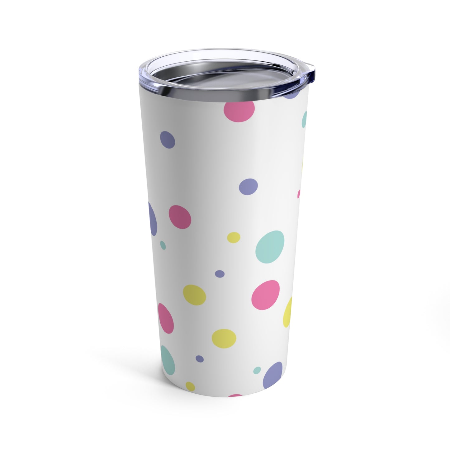 A colorful Printify confetti dots tumbler with a lid.