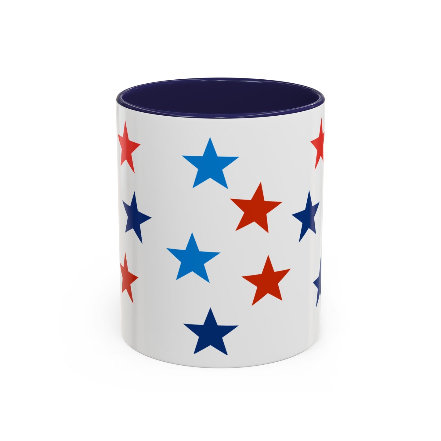 White ceramic mug with a navy blue interior, decorated with red, blue, and dark blue stars. This Printify Patriotic Coffee Mug: 11 oz.; 2 Accent colors; Ceramic is both dishwasher and microwave safe, perfect for showing your American pride daily.