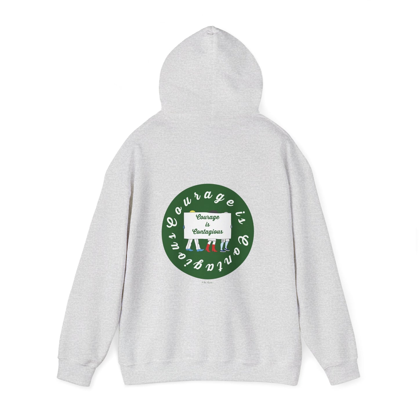 The Courage Is Contagious Hoodie by Printify is a gray, mid-weight, ethically made sweatshirt with a green circular back graphic—"Courage is Contagious" and two figures holding a banner—designed to inspire mental health awareness.