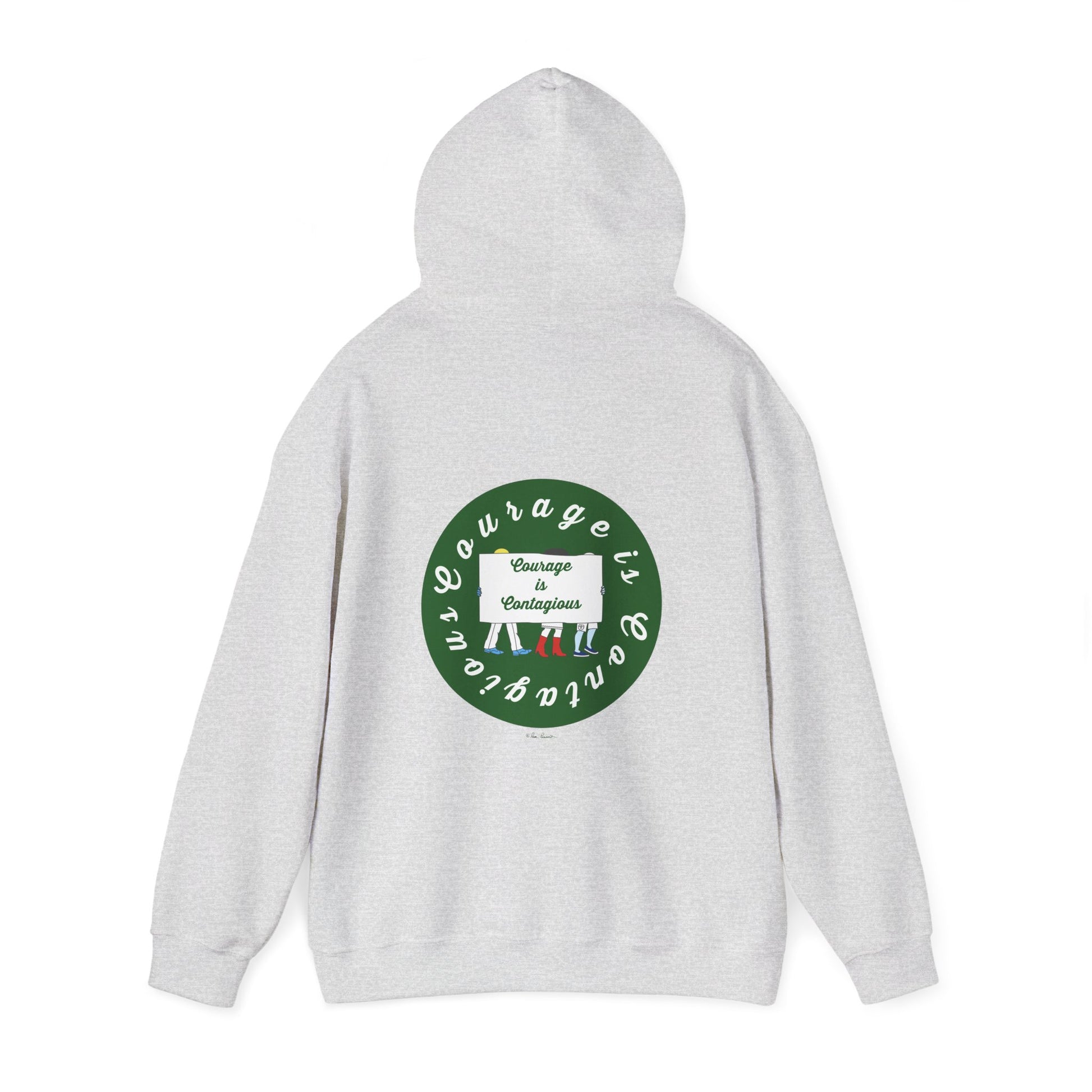 The Courage Is Contagious Hoodie by Printify is a gray, mid-weight, ethically made sweatshirt with a green circular back graphic—"Courage is Contagious" and two figures holding a banner—designed to inspire mental health awareness.