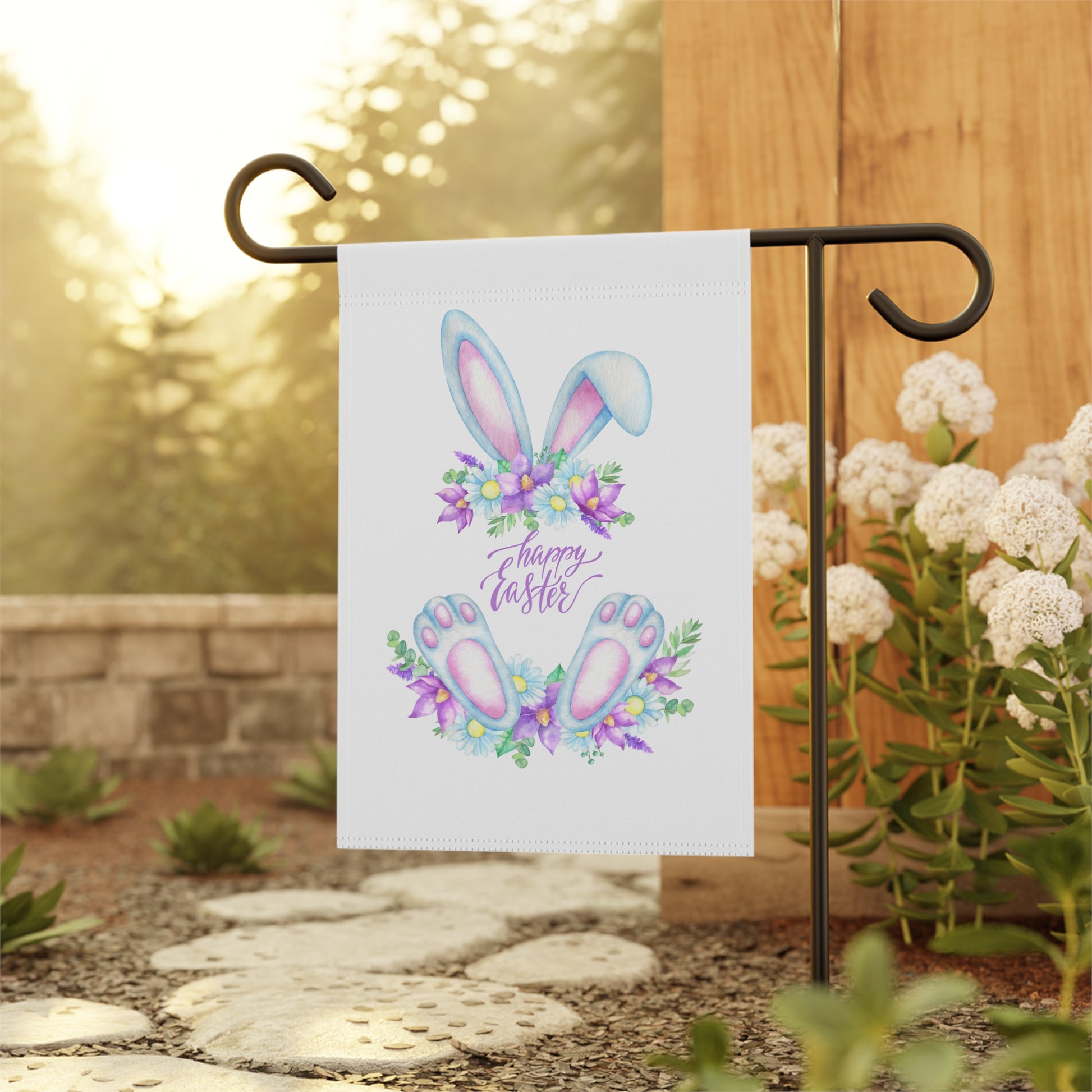 Decorate your garden with this adorable Printify Easter Bunny garden flag made from polyester fabric.