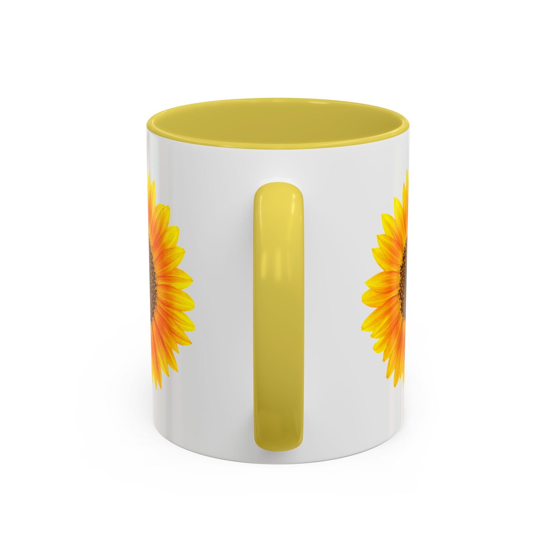 The Sunflower Coffee Mug: Bright Floral by Printify is an 11oz white ceramic mug with a yellow handle and interior, featuring sunflower designs on each side.
