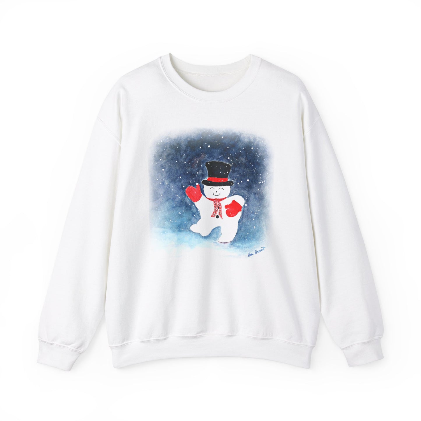 Introducing the Printify Gildan Charming Snowman Crewneck Sweatshirt, an ideal addition to your holiday apparel collection. This unisex white sweatshirt showcases a charming snowman wearing a black top hat, red mittens, and scarf, all set against a snowy backdrop reminiscent of a whimsical watercolor painting.