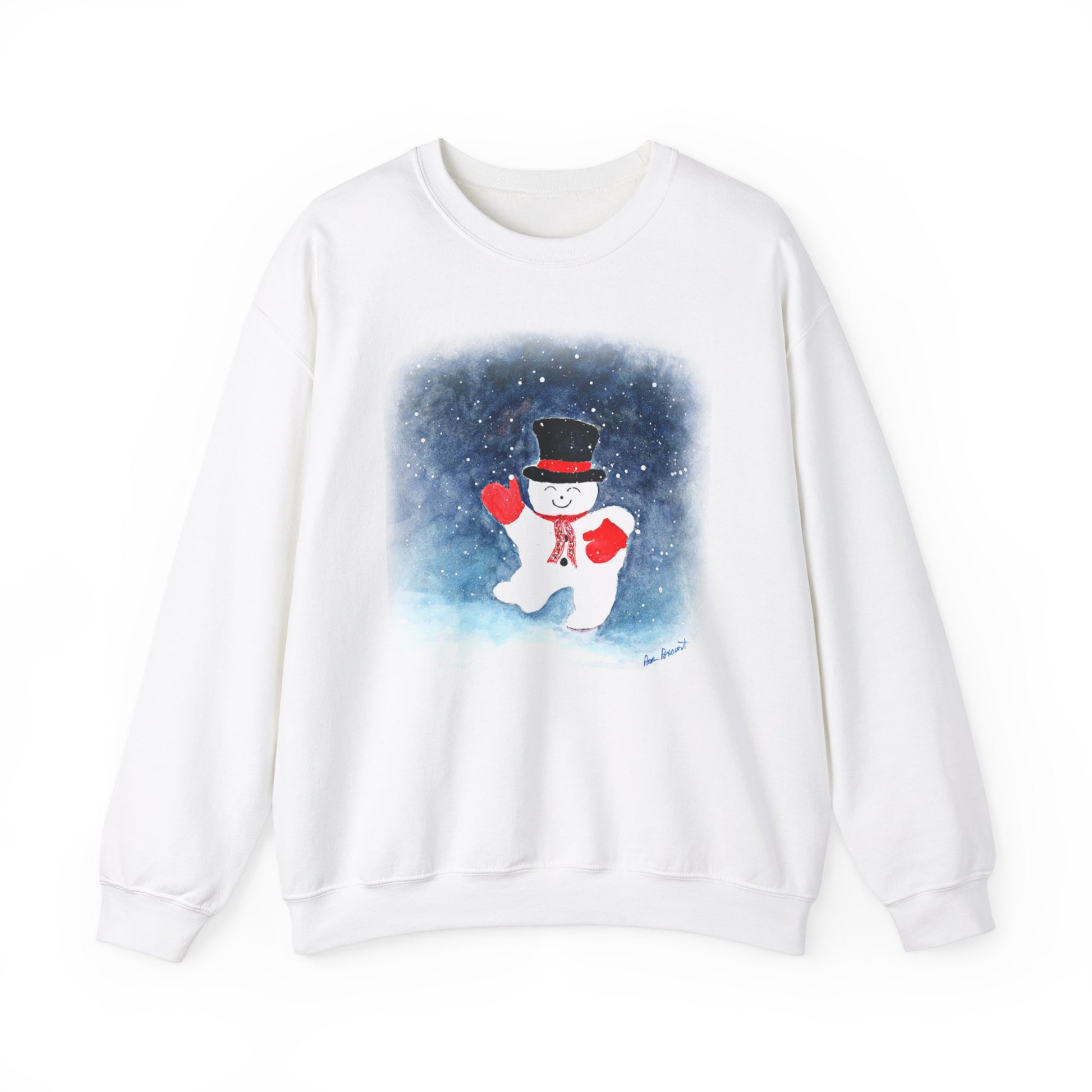 Introducing the Printify Gildan Charming Snowman Crewneck Sweatshirt, an ideal addition to your holiday apparel collection. This unisex white sweatshirt showcases a charming snowman wearing a black top hat, red mittens, and scarf, all set against a snowy backdrop reminiscent of a whimsical watercolor painting.