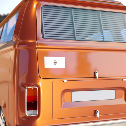 Rear view of an orange vintage van with a small logo on the back panel, detailed tail lights, chrome hinges, and Printify's Voting Women's Bumper Stickers on premium water-resistant vinyl.