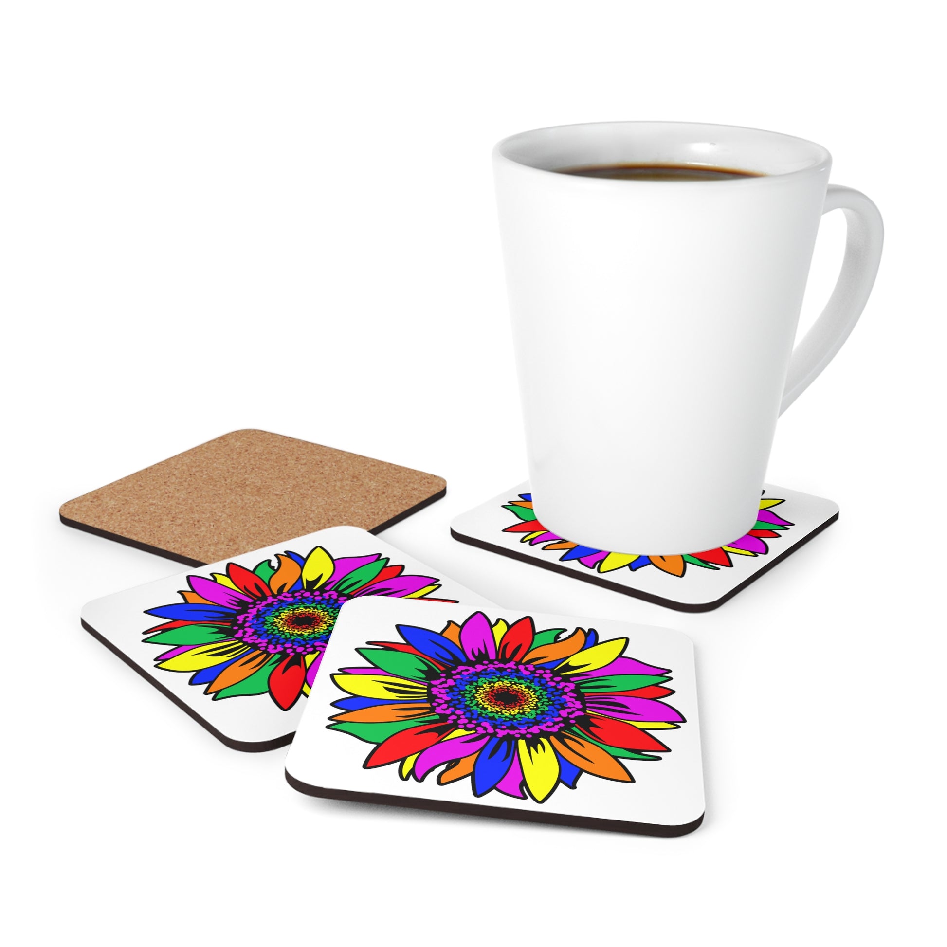 Mock up of a Latte mug with the 4 coasters