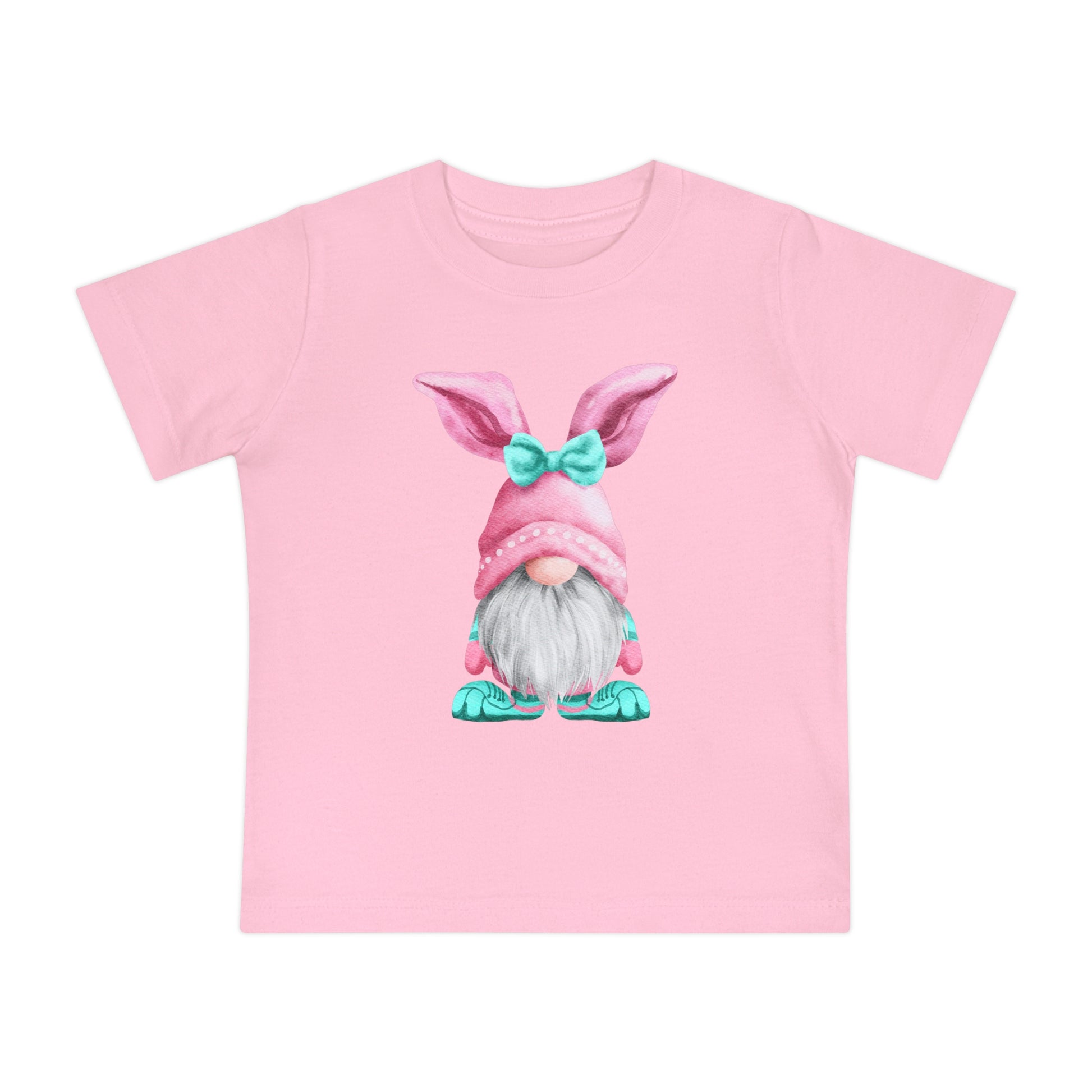 Unisex crew neck Printify Bella + Canvas baby's Easter-Gnome T-shirt with a printed design of a gnome wearing a bunny hat.