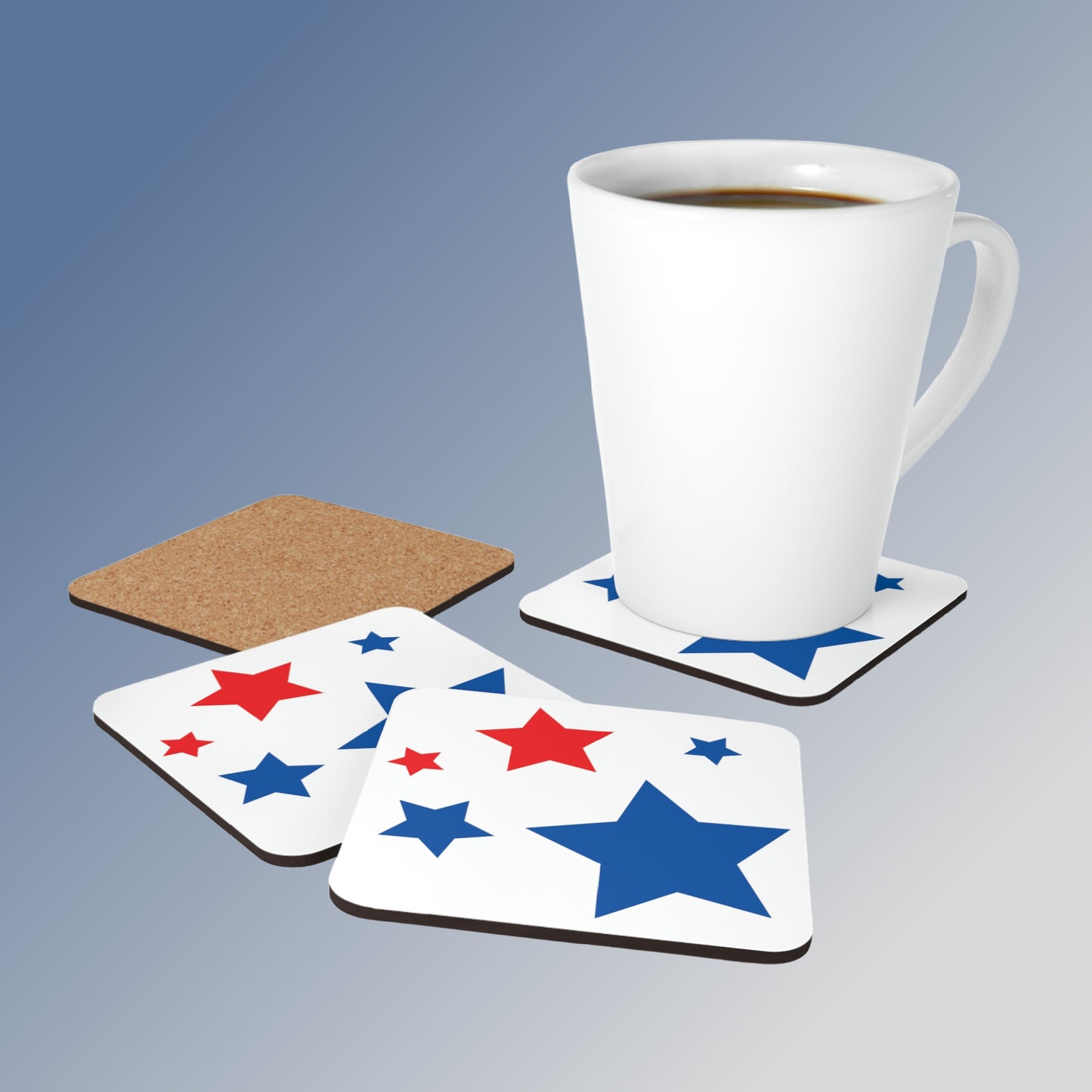 Mock up of the 4 coasters with a white latte mug