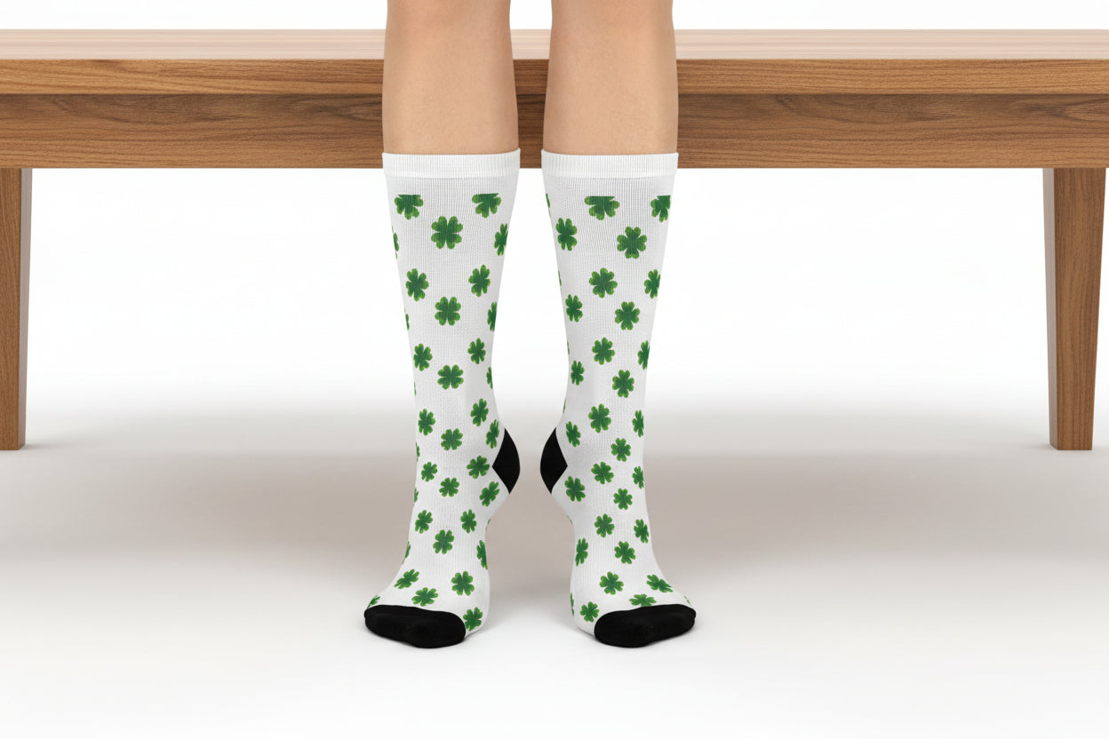 A person sits on a wooden bench wearing Printify's Shamrock-Pattern Cushioned Crew-Socks: Unisex | St. Patrick's Day, featuring white fabric with green shamrocks and black toes and heels, stylishly showing off their lucky socks.