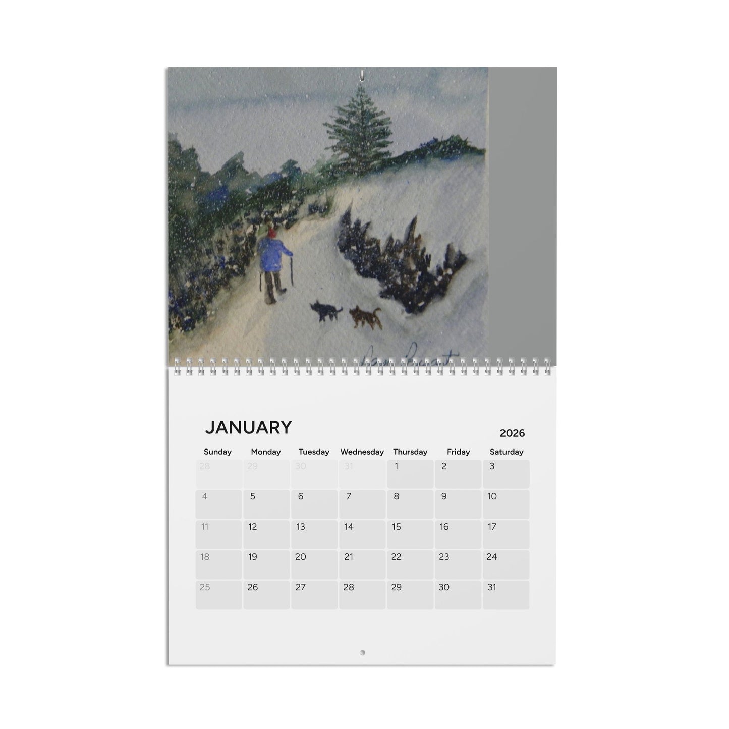 Calendar for January with snowshoer and 2 cats
