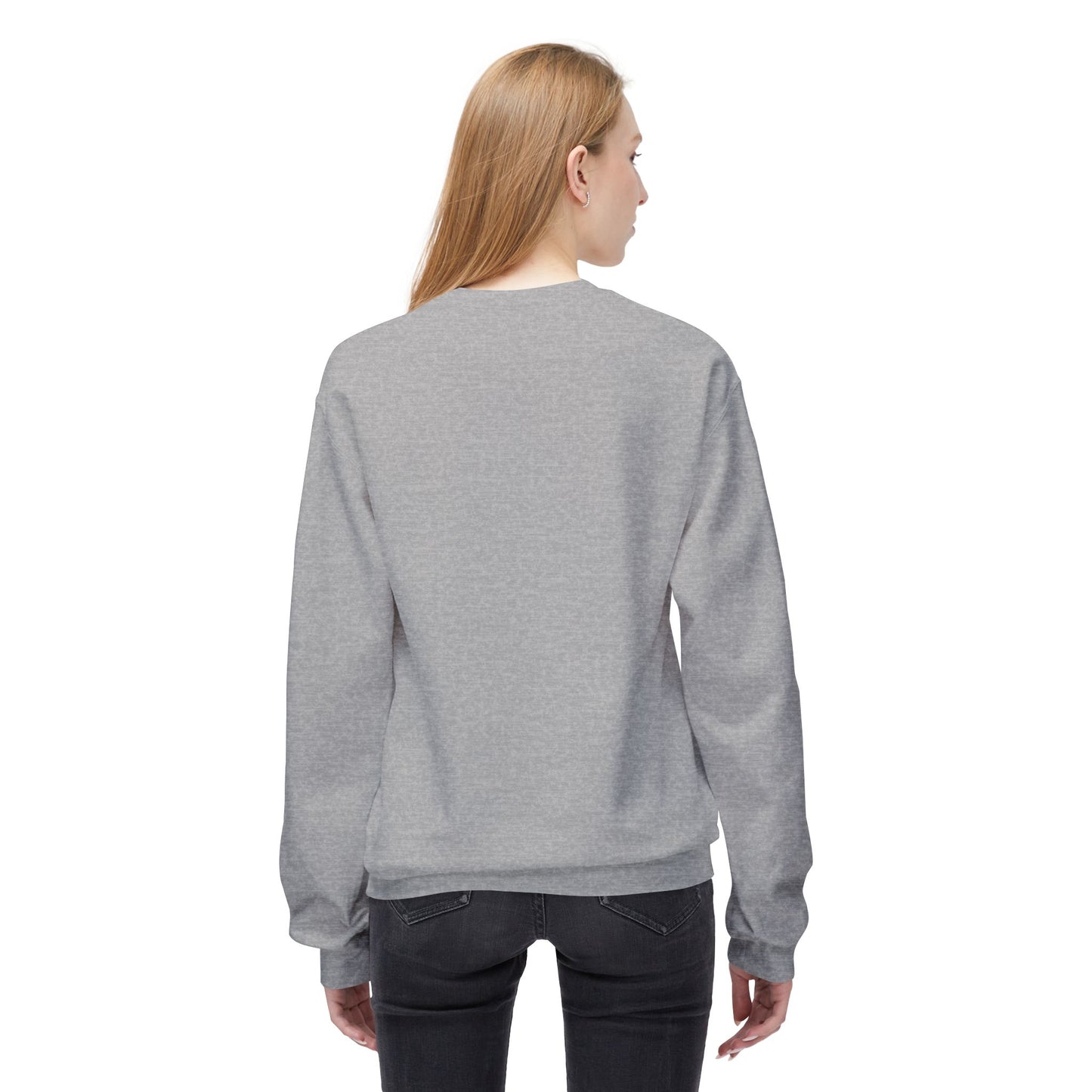 A person with long blonde hair wears a Printify Cat Face Crewneck Sweatshirt—Abstract Red & Blue Kitty—and black jeans, standing with their back to the camera against a white background.