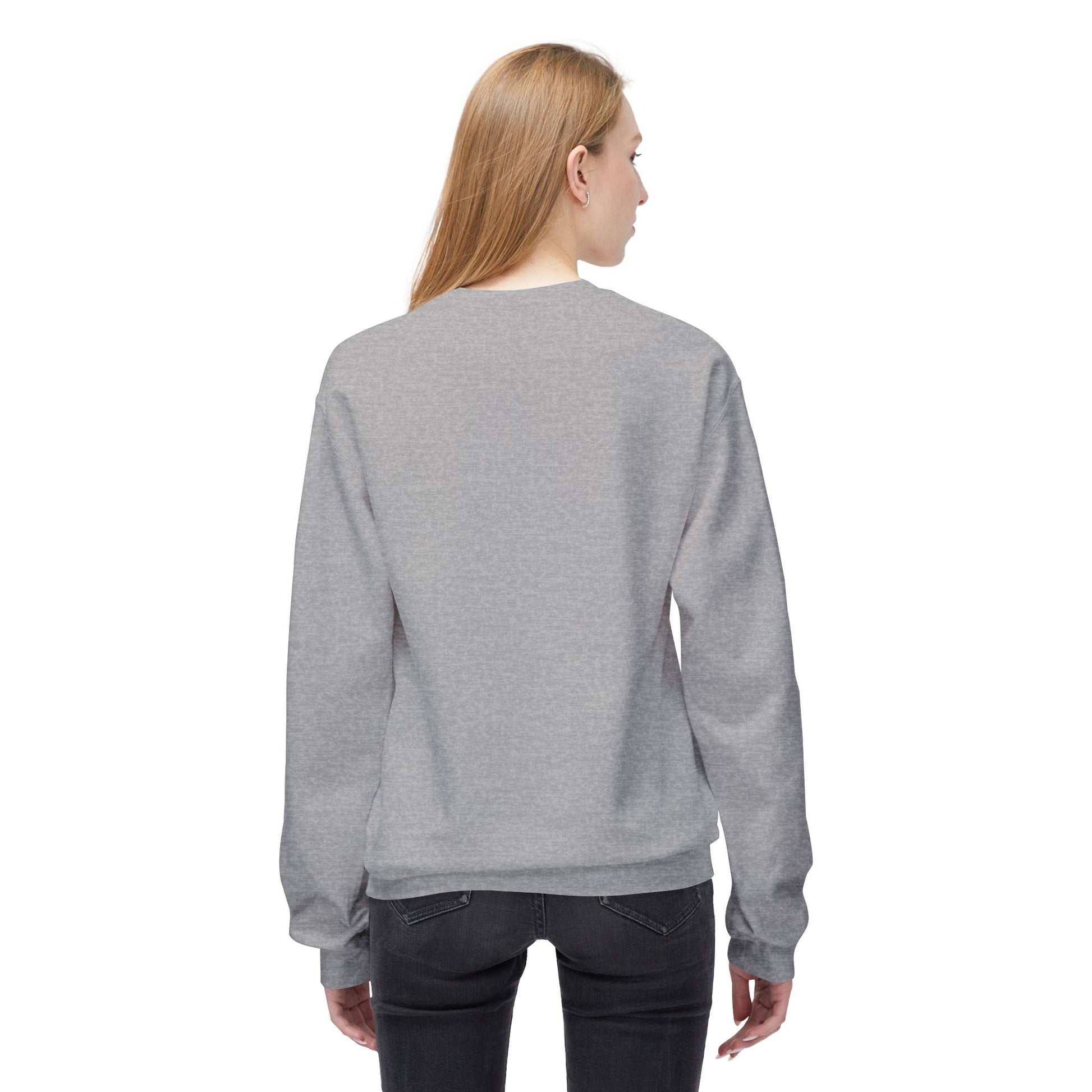 A person with long blonde hair wears a Printify Cat Face Crewneck Sweatshirt—Abstract Red & Blue Kitty—and black jeans, standing with their back to the camera against a white background.