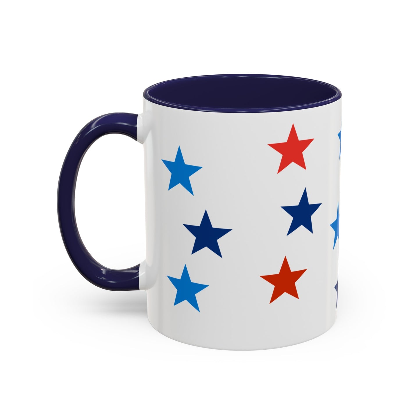 A Printify Patriotic Coffee Mug: 11 oz.; 2 Accent colors; Ceramic, American made, featuring a white ceramic body with a navy blue handle and interior, adorned with red, dark blue, and light blue stars. It's both dishwasher and microwave safe.