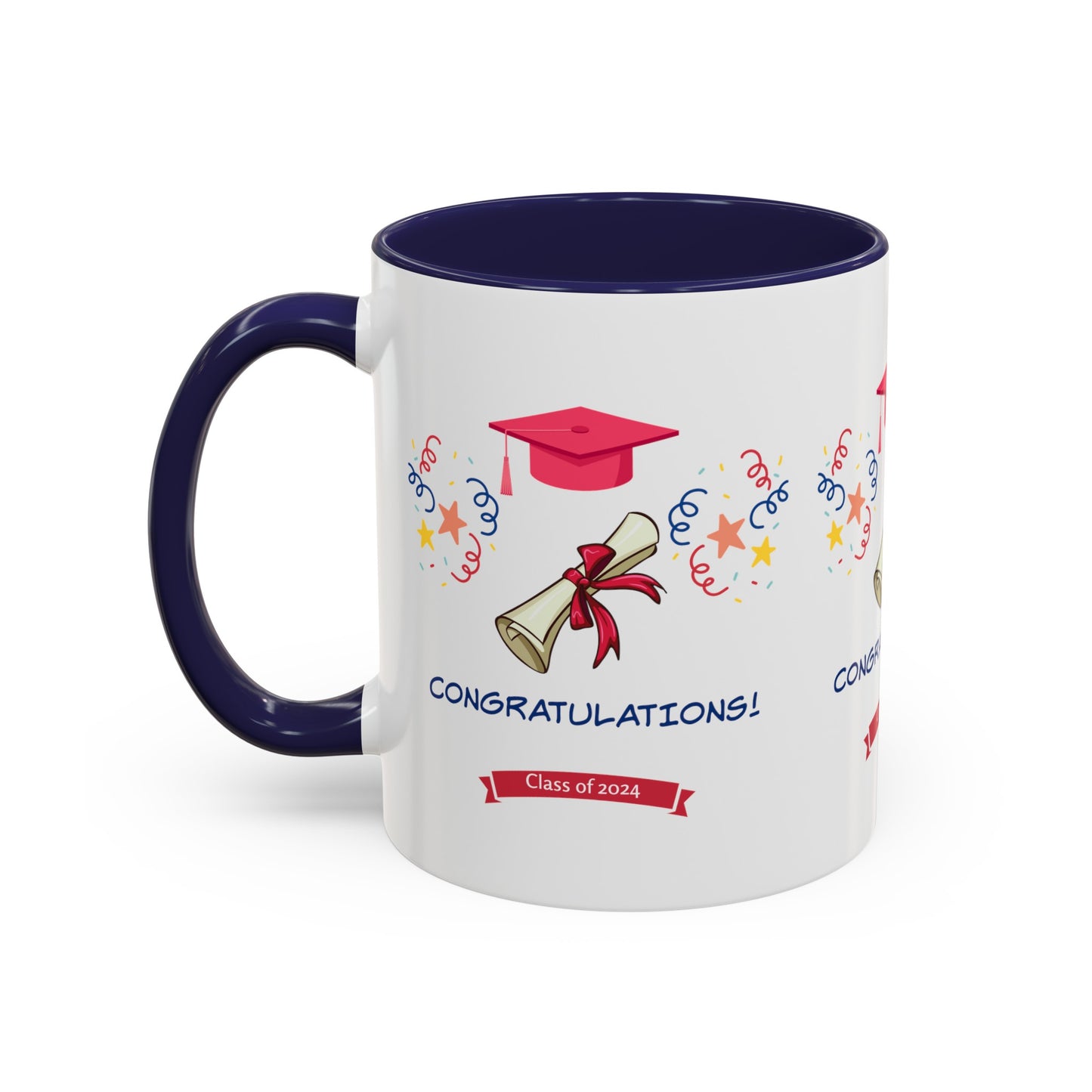 A white ceramic 2024 Congratulations Mug: Graduation; 11 oz.; 2 Colors with a blue handle and interior, featuring graduation motifs including a cap, diploma, confetti, and the text "CONGRATULATIONS! Class of 2024". This American-made mug by Printify celebrates your achievements in style.