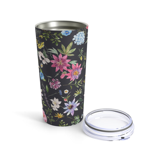 A Printify Flower Garden Tumbler: 20 oz., Stainless steel; Insulated with a lid that is dishwasher-safe.
