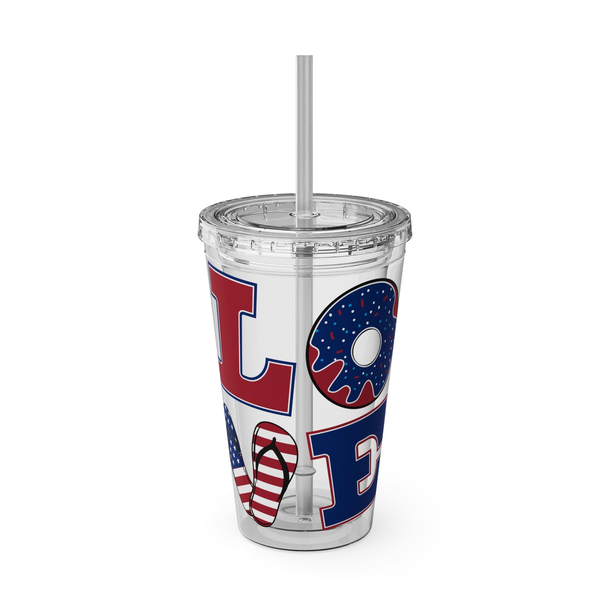 A patriotic-themed Love USA Tumbler with a straw and a red, white, and blue design.