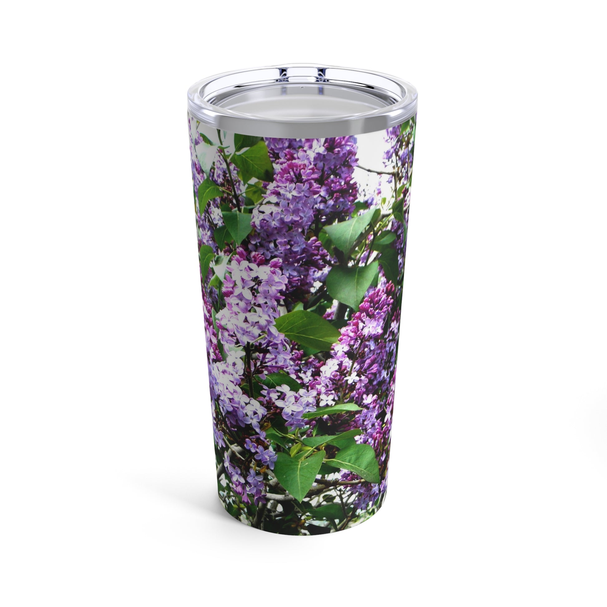A Printify Purple Lilacs Tumbler: 20 oz.; Stainless steel; Insulated featuring photography by Pam Ponsart.