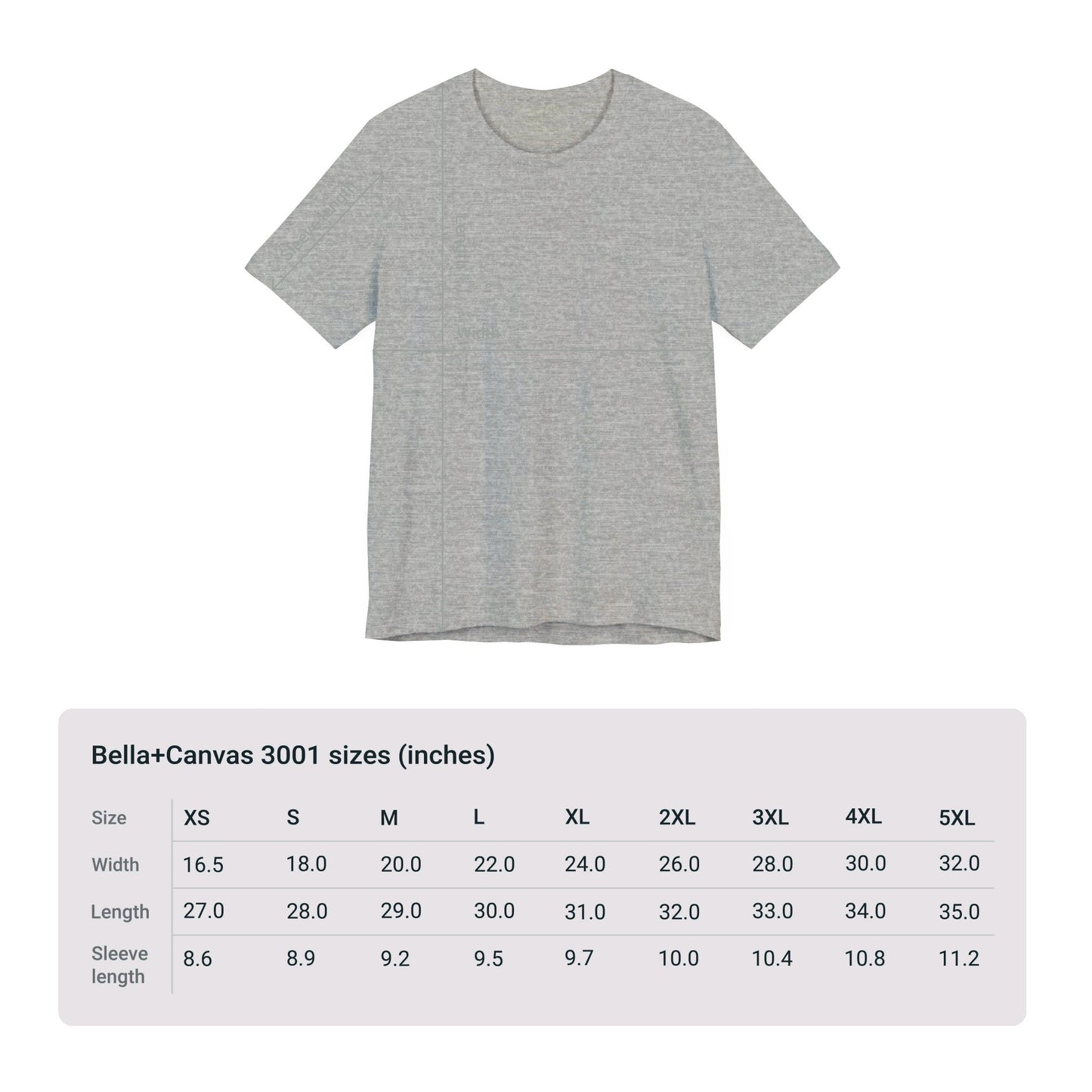 The Unisex Kindness-Is-Cool T-shirt from Printify, made of soft cotton jersey, is displayed in light grey above a size chart for the Bella+Canvas 3001. The chart lists measurements for widths, lengths, and sleeve lengths across various sizes ranging from XS to 5XL. This special edition T-shirt features the distinctive Kindness-Is-Cool design.