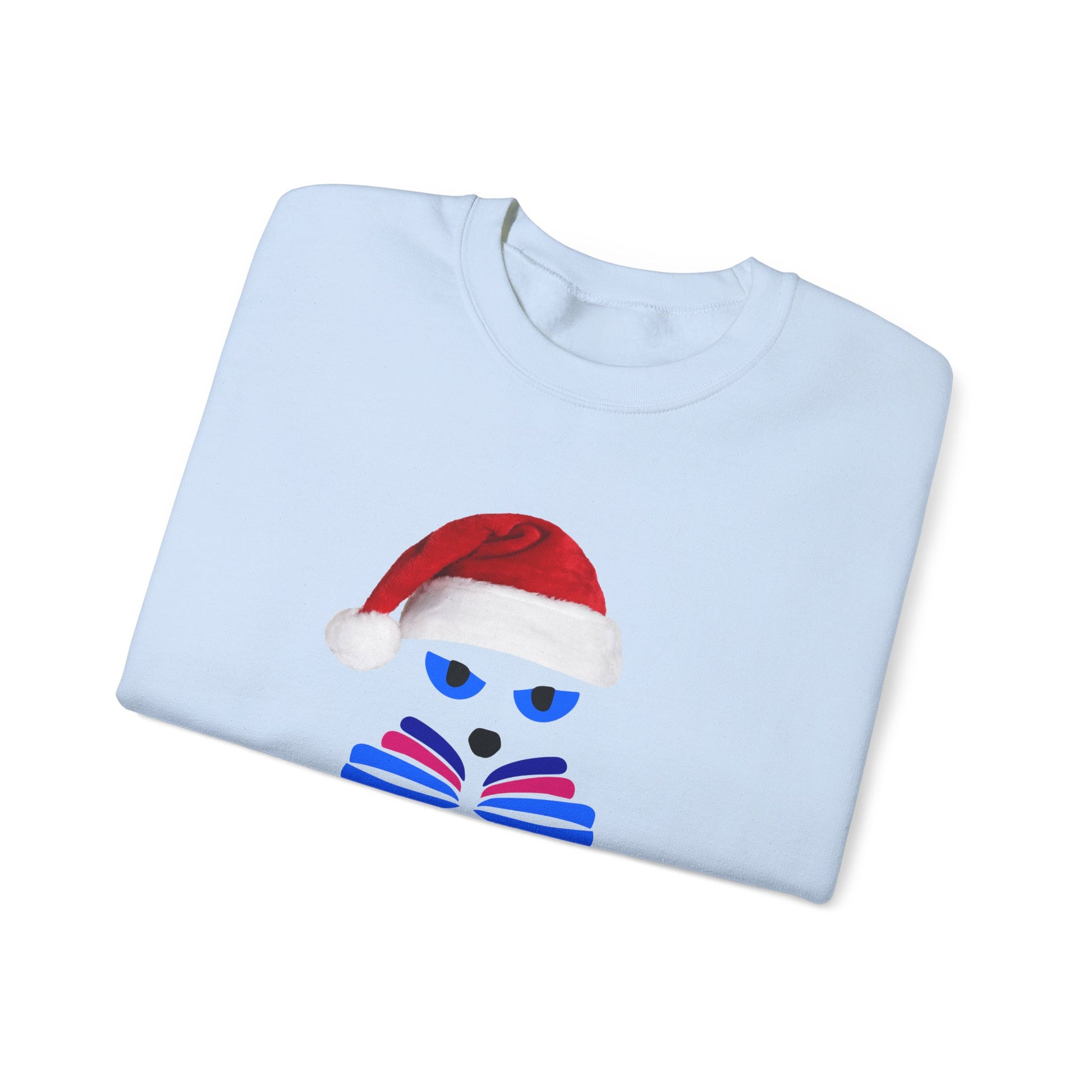 The Santa Cat Sweatshirt by Printify is a festive unisex crewneck featuring a graphic of a cat in a Santa hat, perfect for holiday celebrations.
