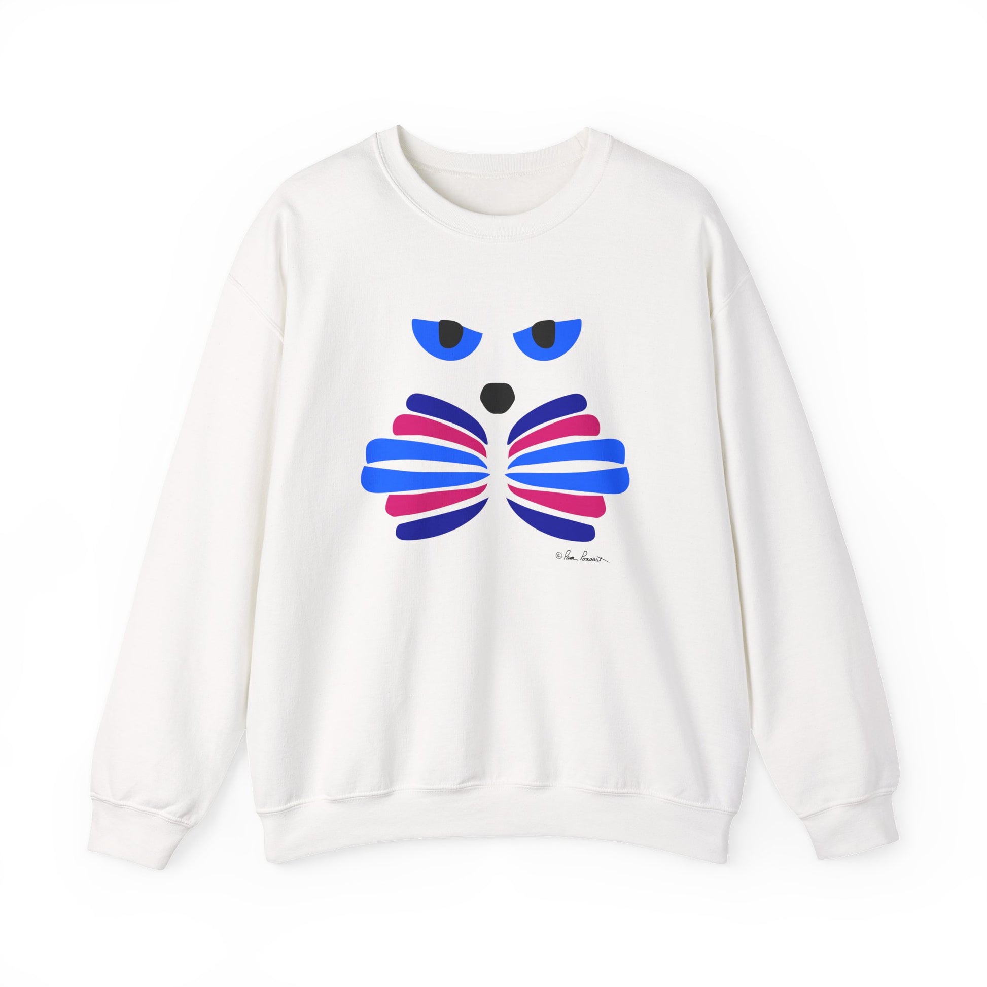 The Printify Whimsical Cat Graphic Sweatshirt is a cozy unisex crewneck featuring an abstract blue, pink, and purple cat design—perfect for adults who love unique, artistic styles.