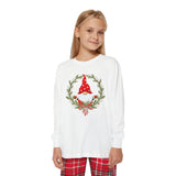 A youth wearing a white long-sleeve t-shirt with a Printify Youth Holiday-Gnome Long-Sleeve Pajama-Set on it.