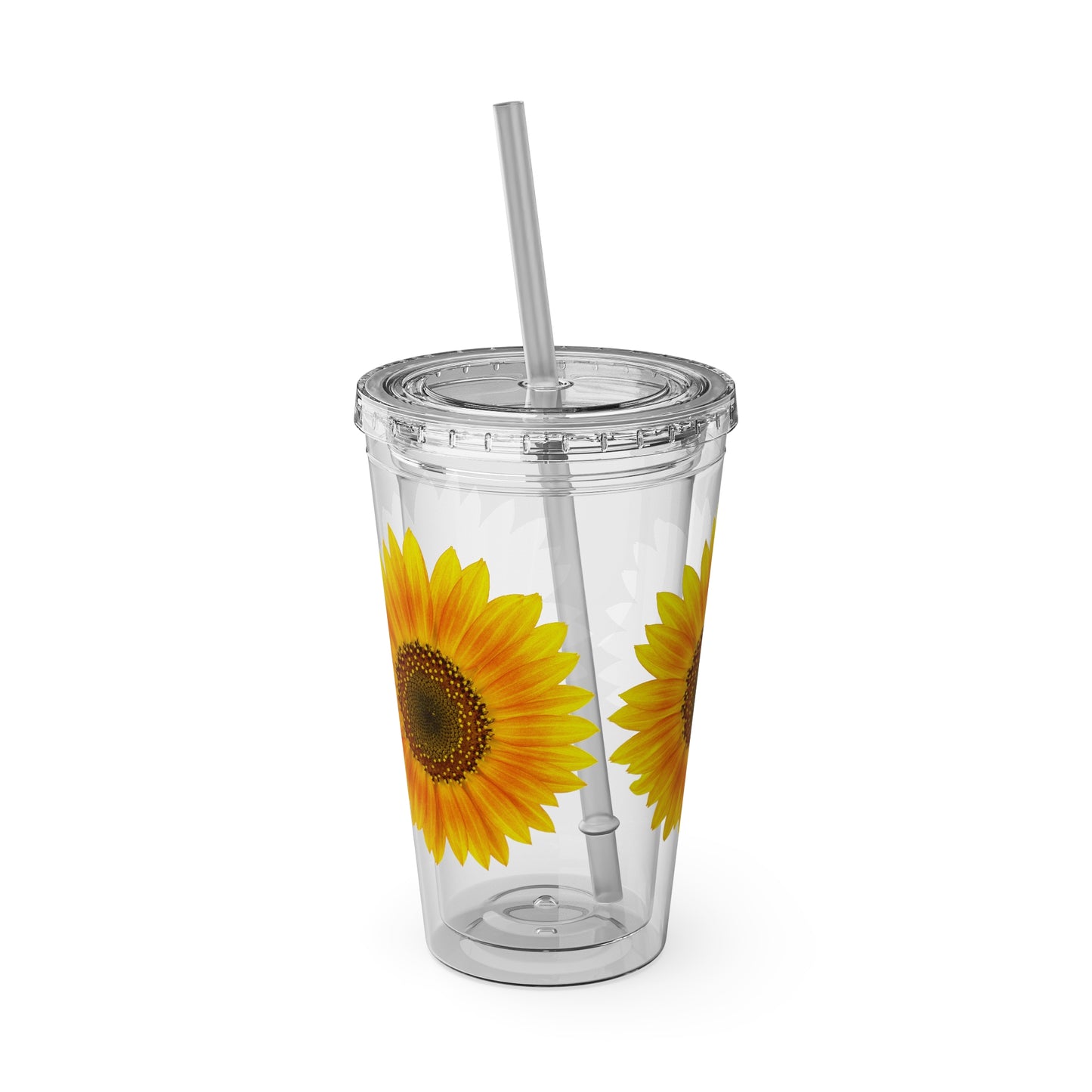 A clear, BPA-free Golden Sunflower Tumbler with a straw by Printify.